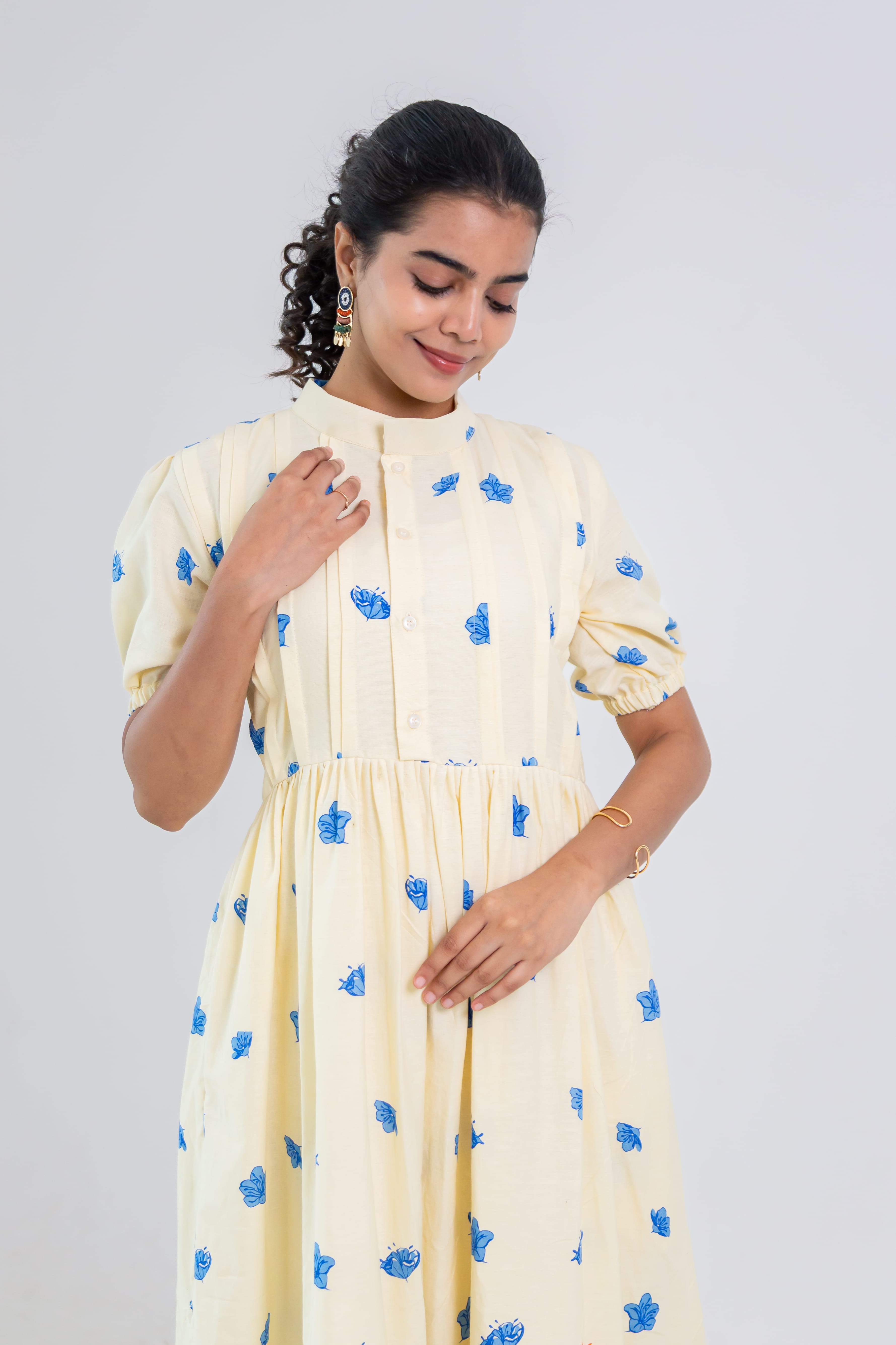 Off-White Hand Block Print Cotton Dress (green)