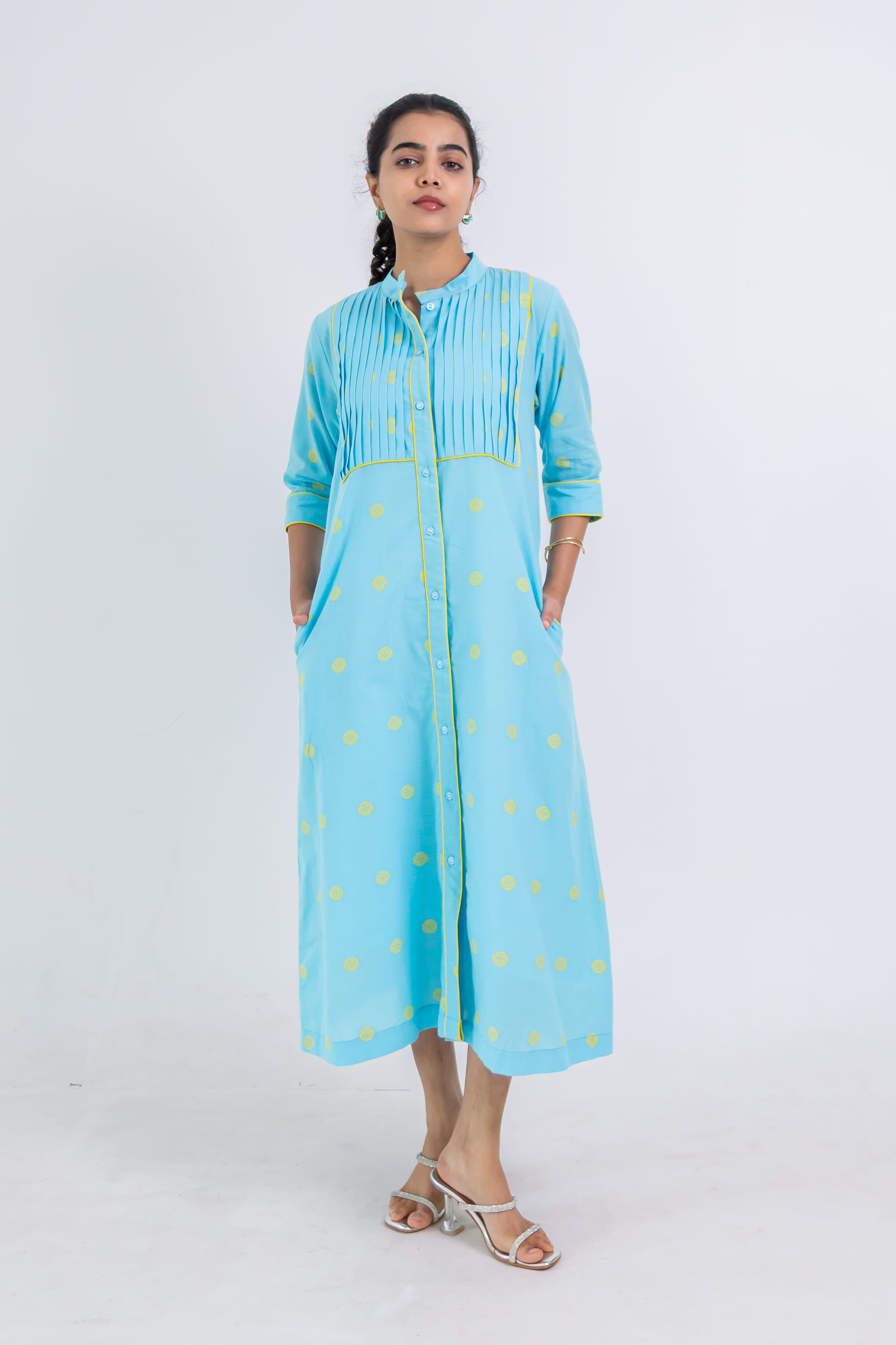 Aqua Blue Handloom Cotton Dress With Yellow Wheel Butta