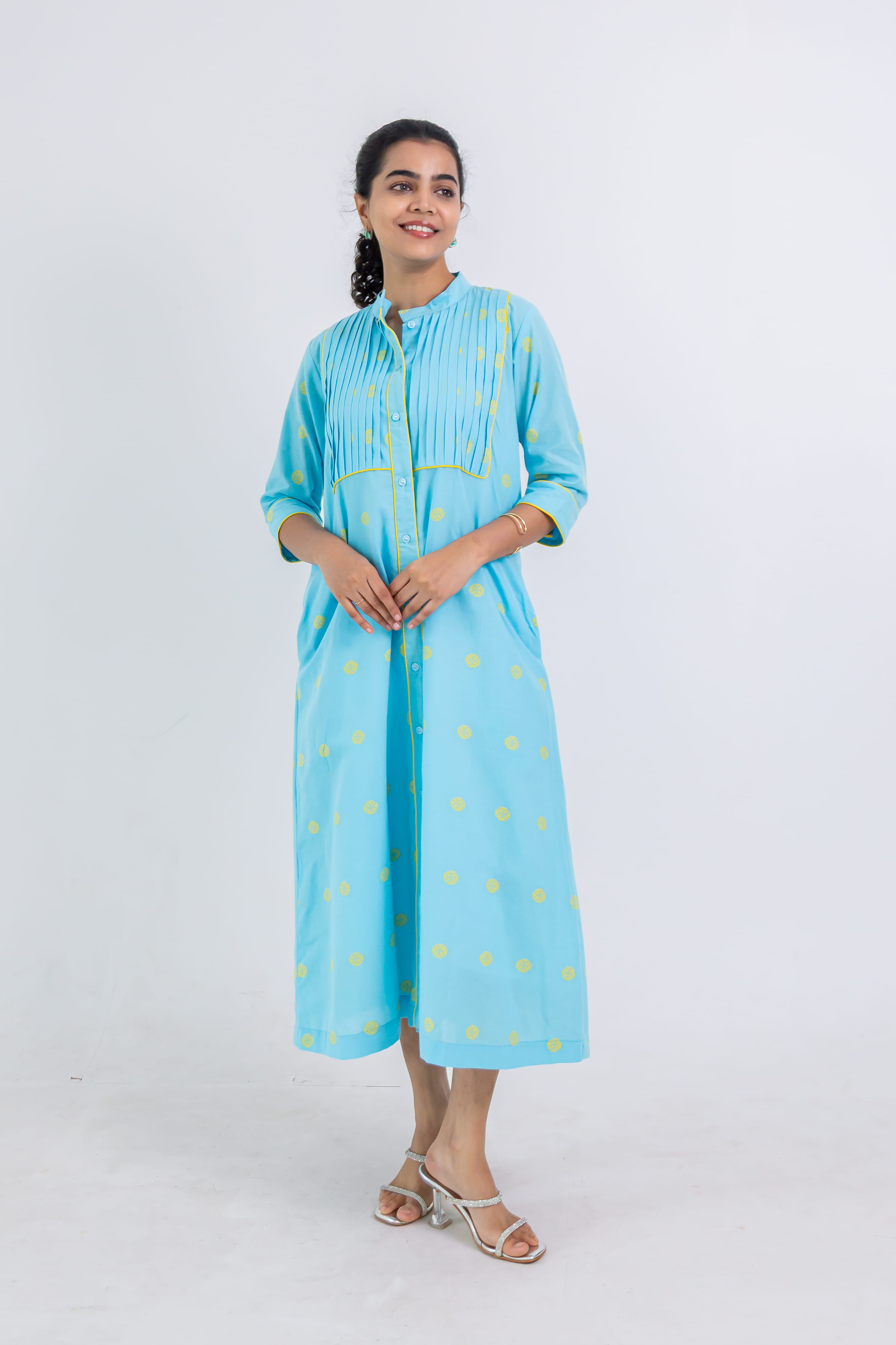 Aqua Blue Handloom Cotton Dress With Yellow Wheel Butta