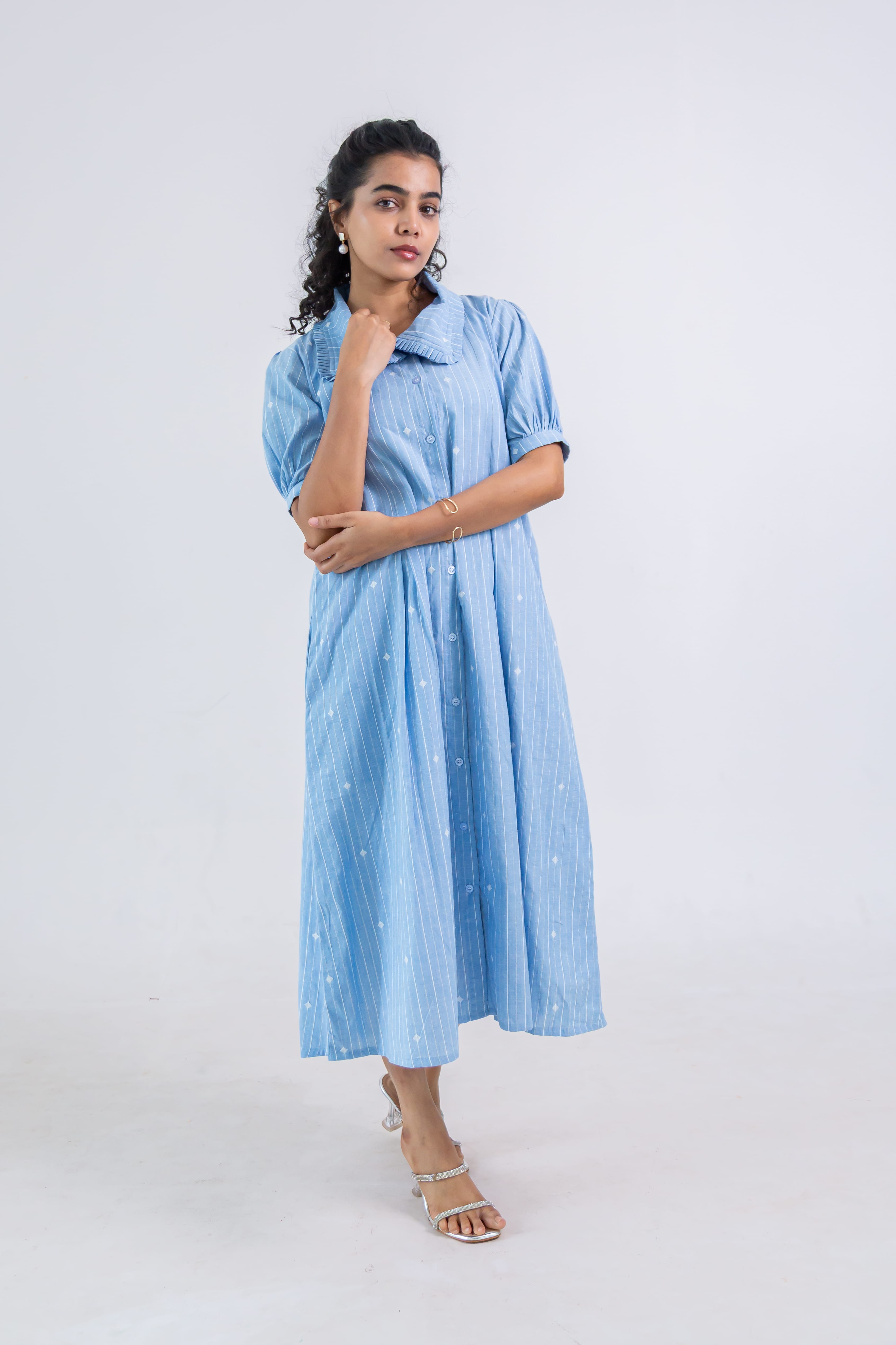Blue Striped Dress (Handloom Cotton)