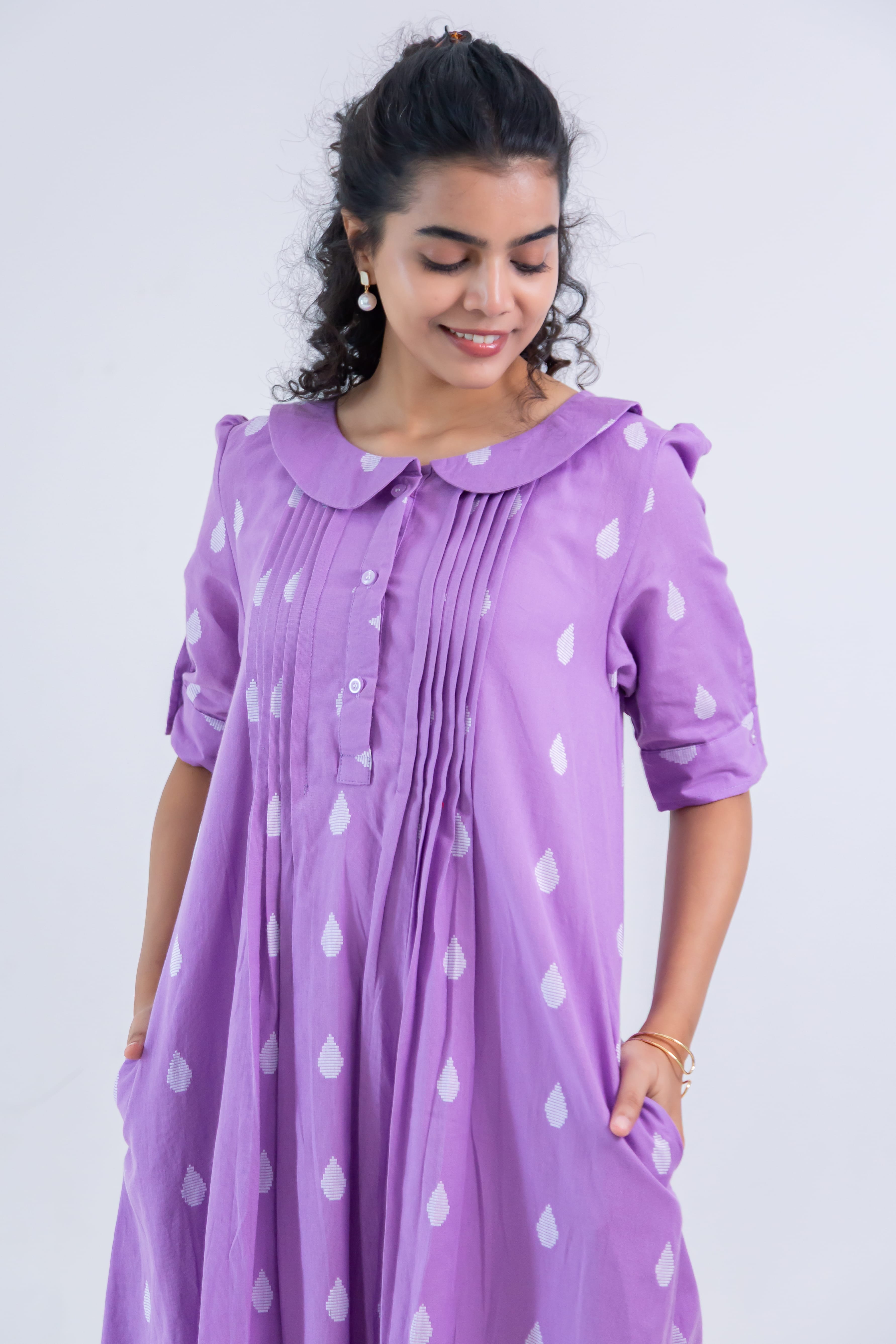 Lavender Handloom Cotton Dress with Dew Drop Butta