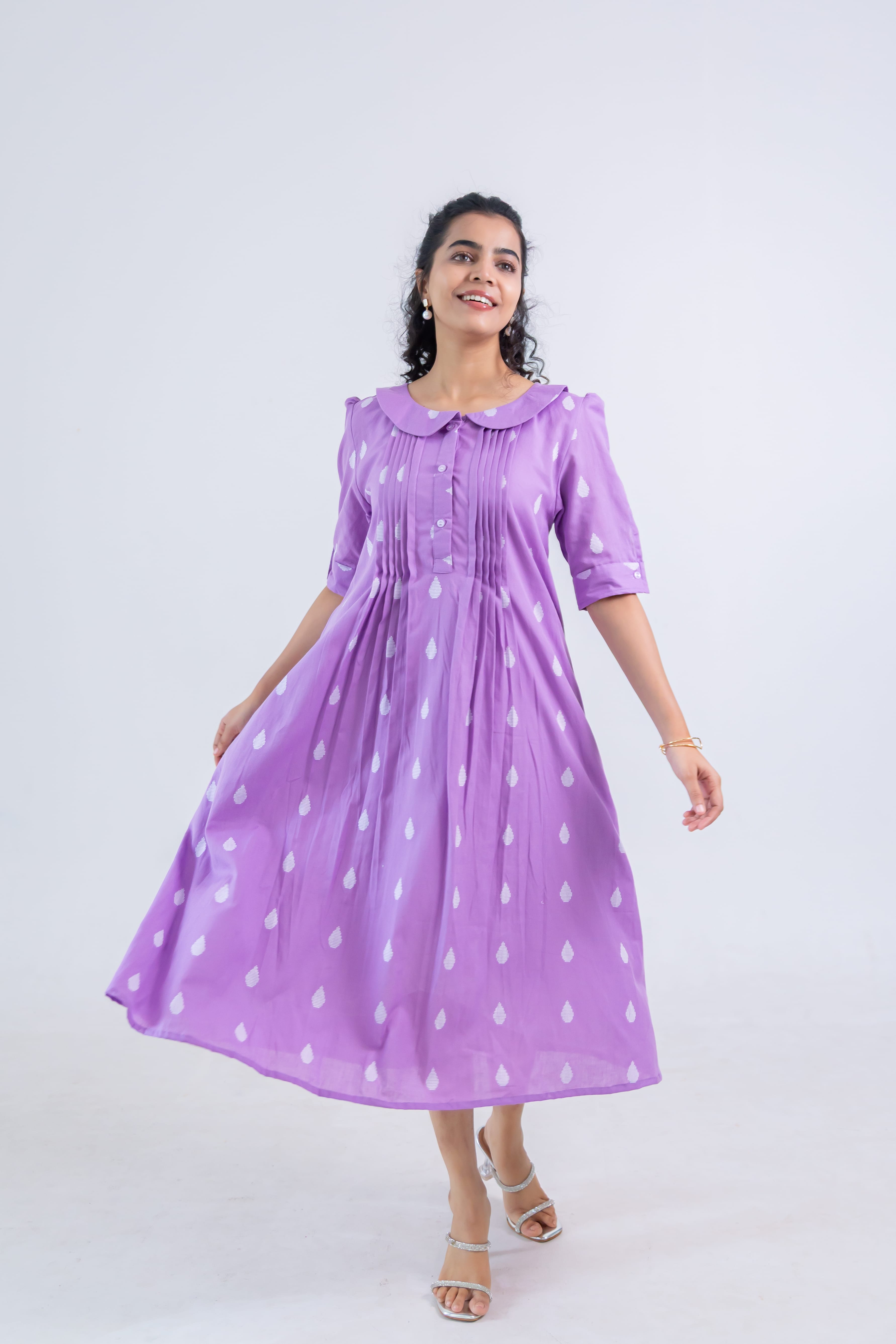 Lavender Handloom Cotton Dress with Dew Drop Butta