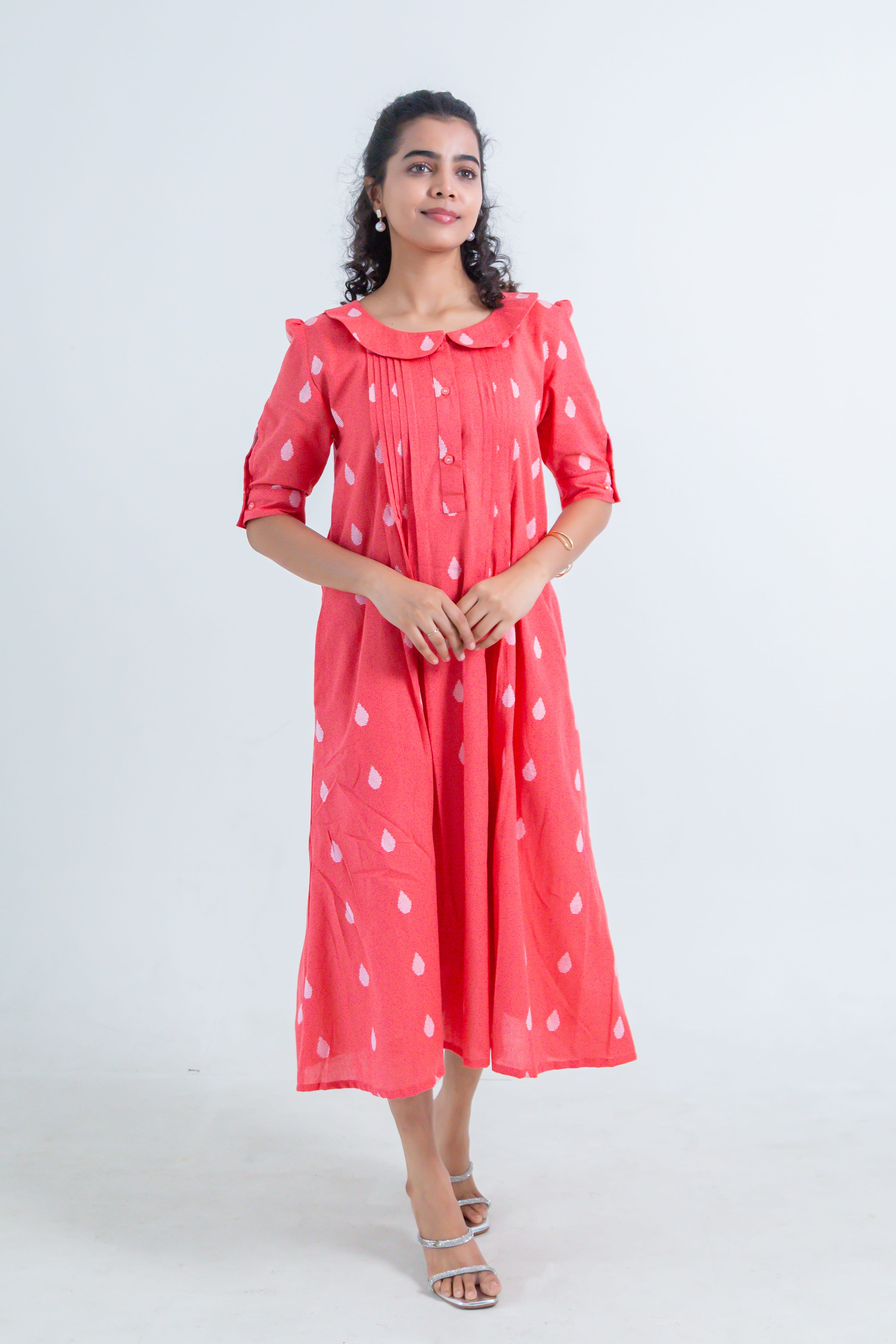Red Handloom Cotton Dress with Dew Drop Butta