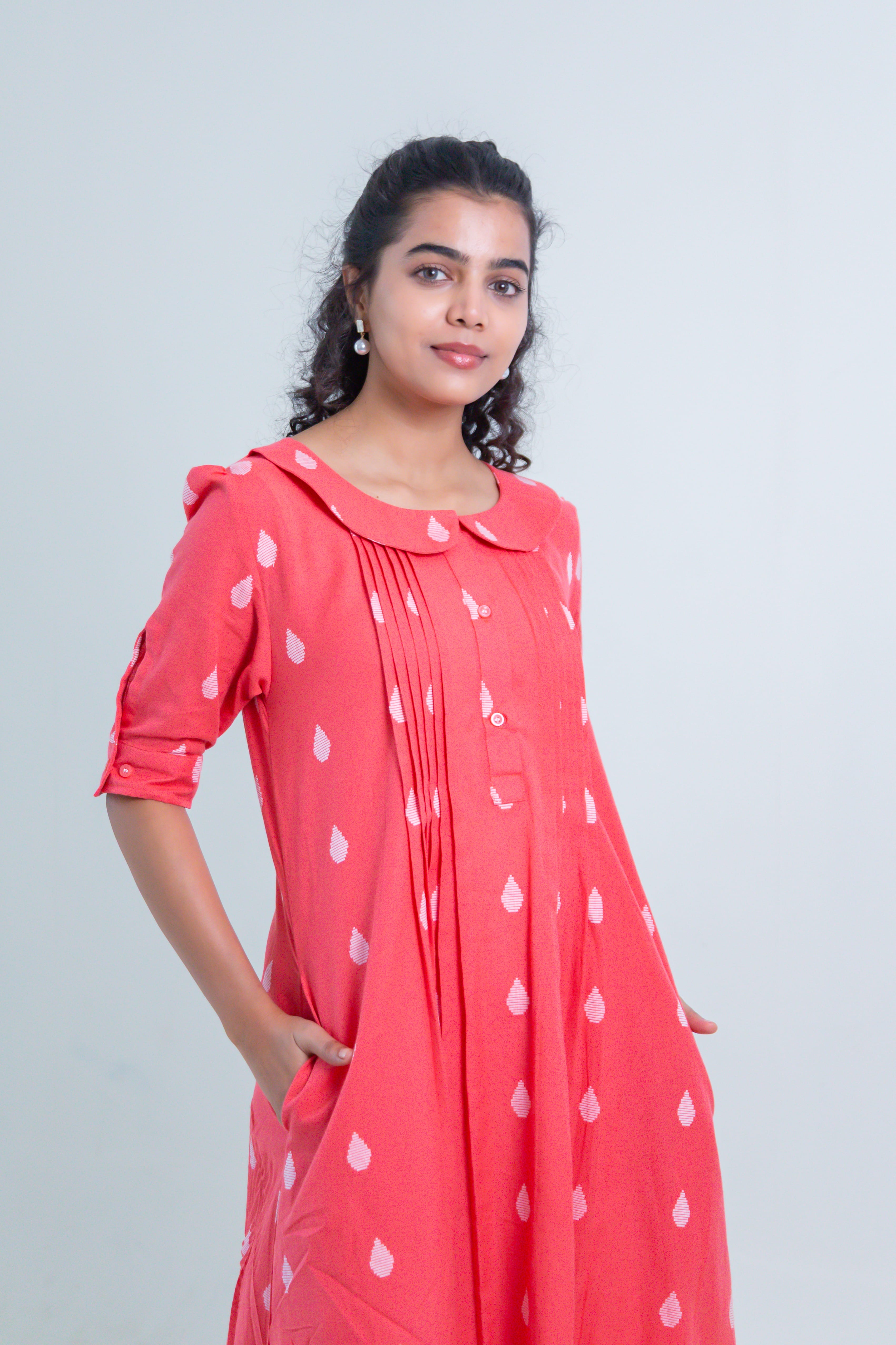 Red Handloom Cotton Dress with Dew Drop Butta