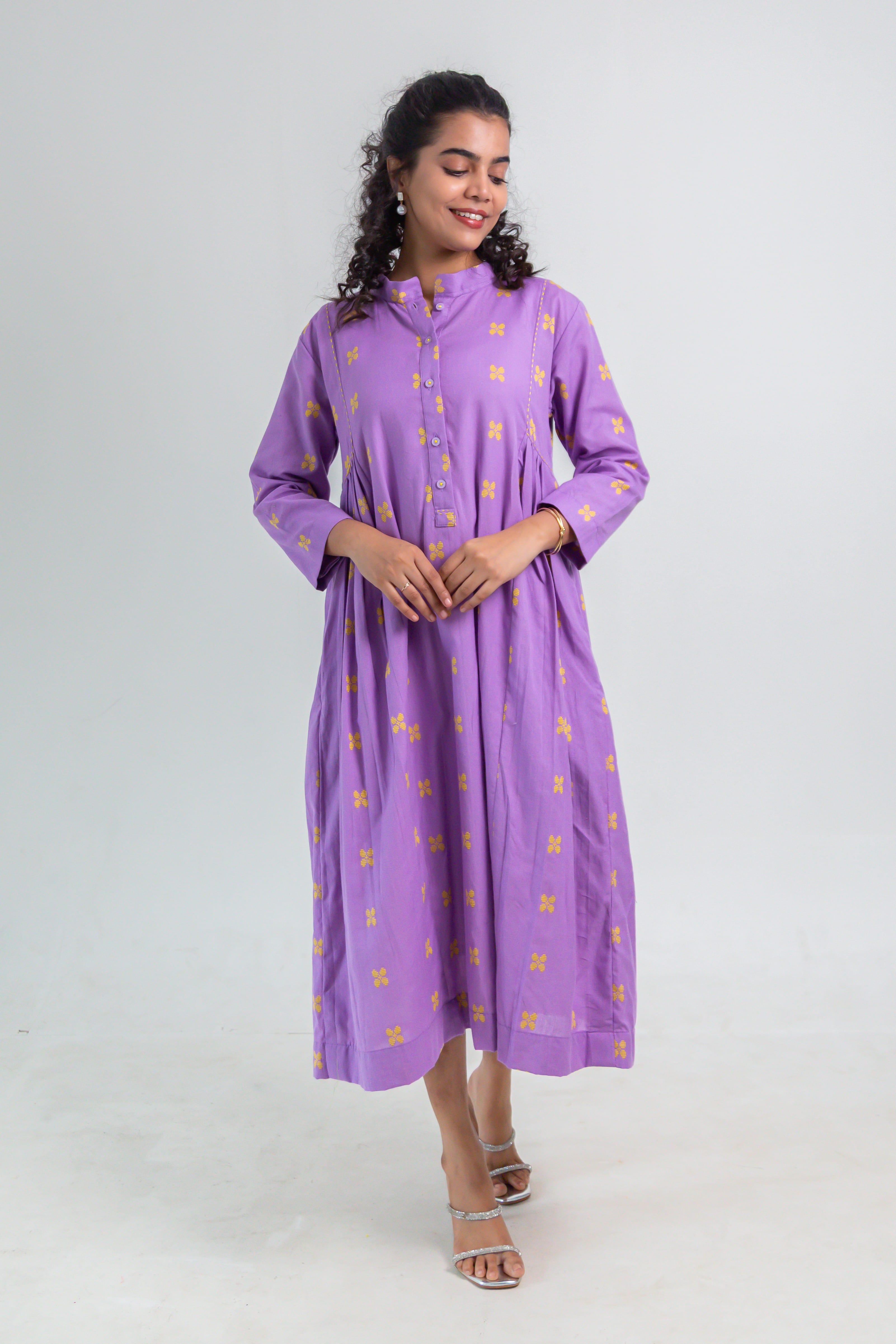 Lavender Handloom Cotton Dress with Butterfly Butta