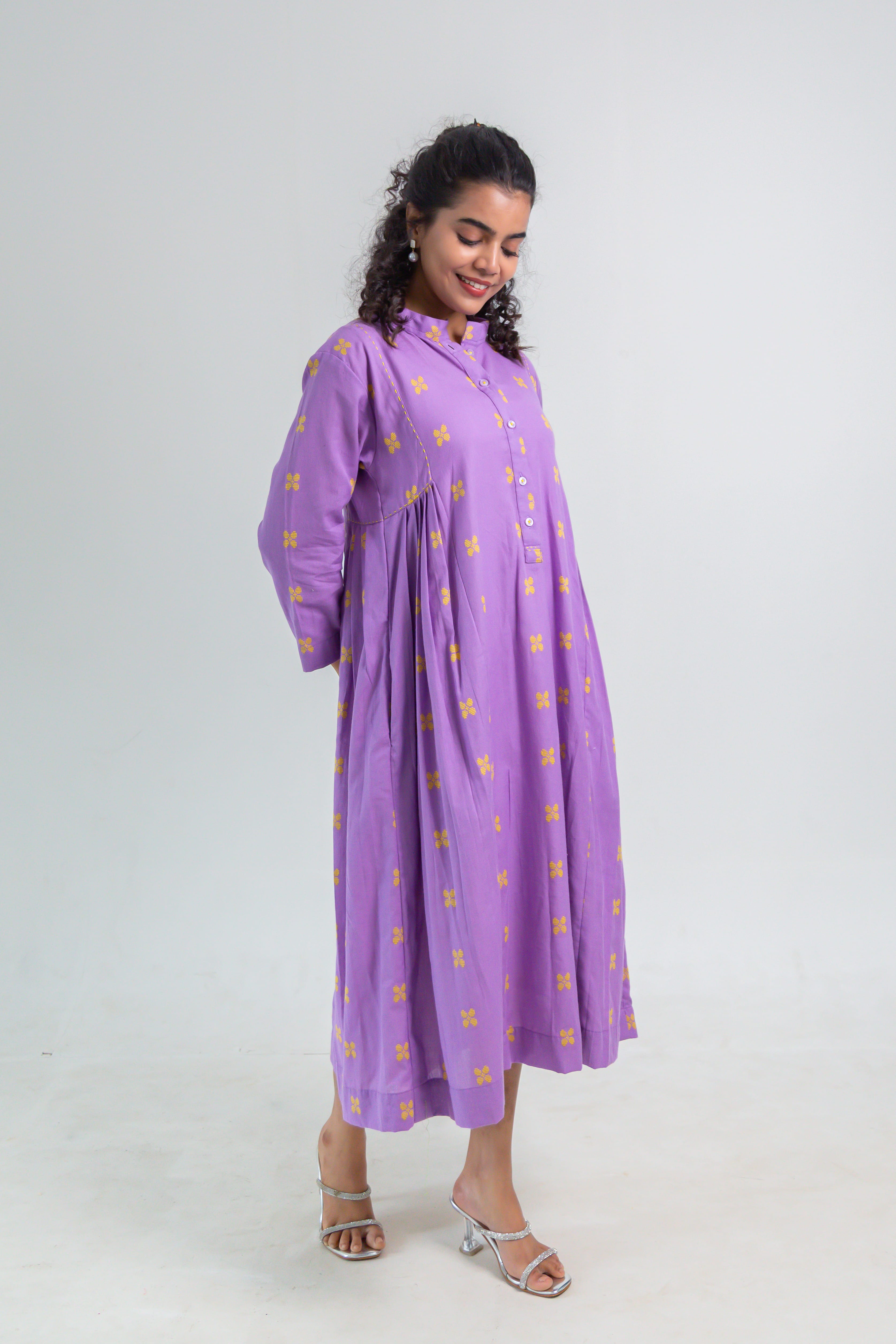 Lavender Handloom Cotton Dress with Butterfly Butta
