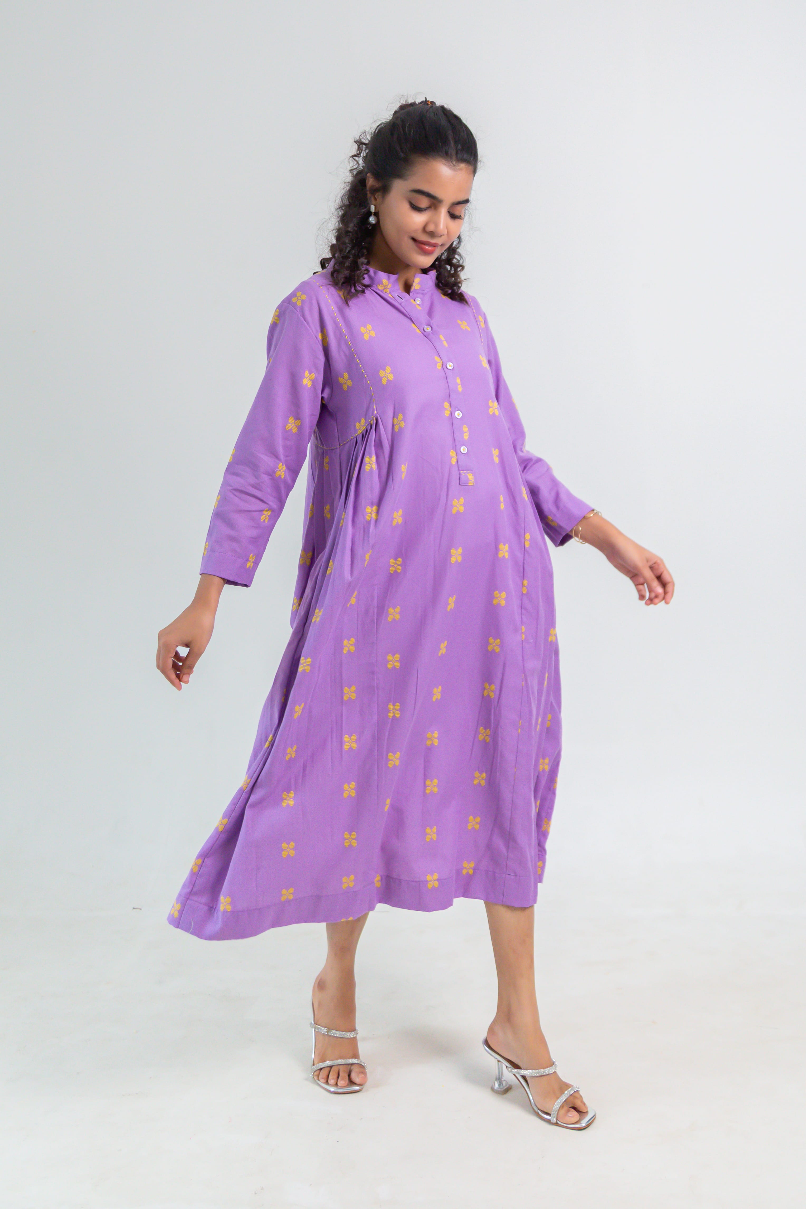 Lavender Handloom Cotton Dress with Butterfly Butta