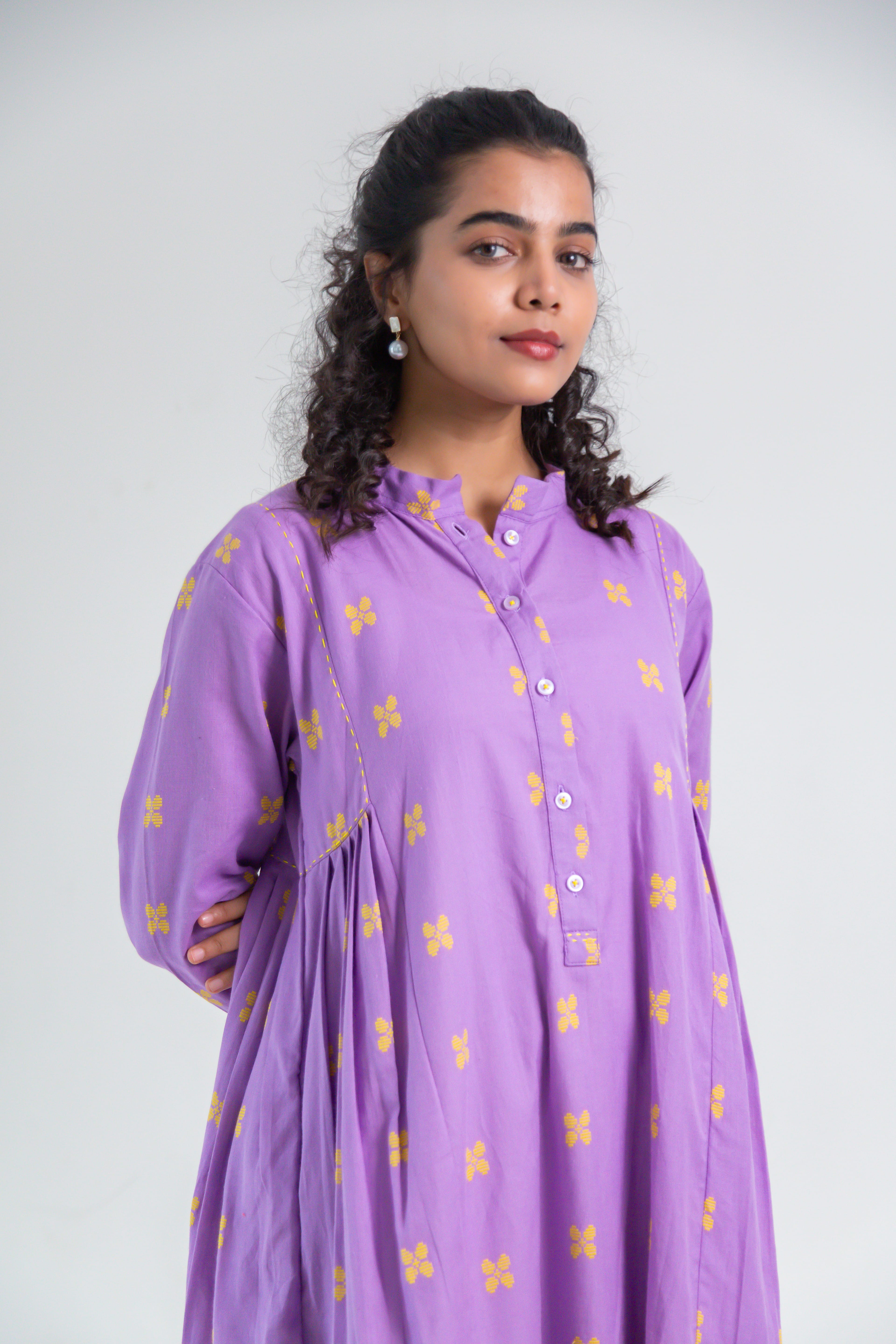 Lavender Handloom Cotton Dress with Butterfly Butta