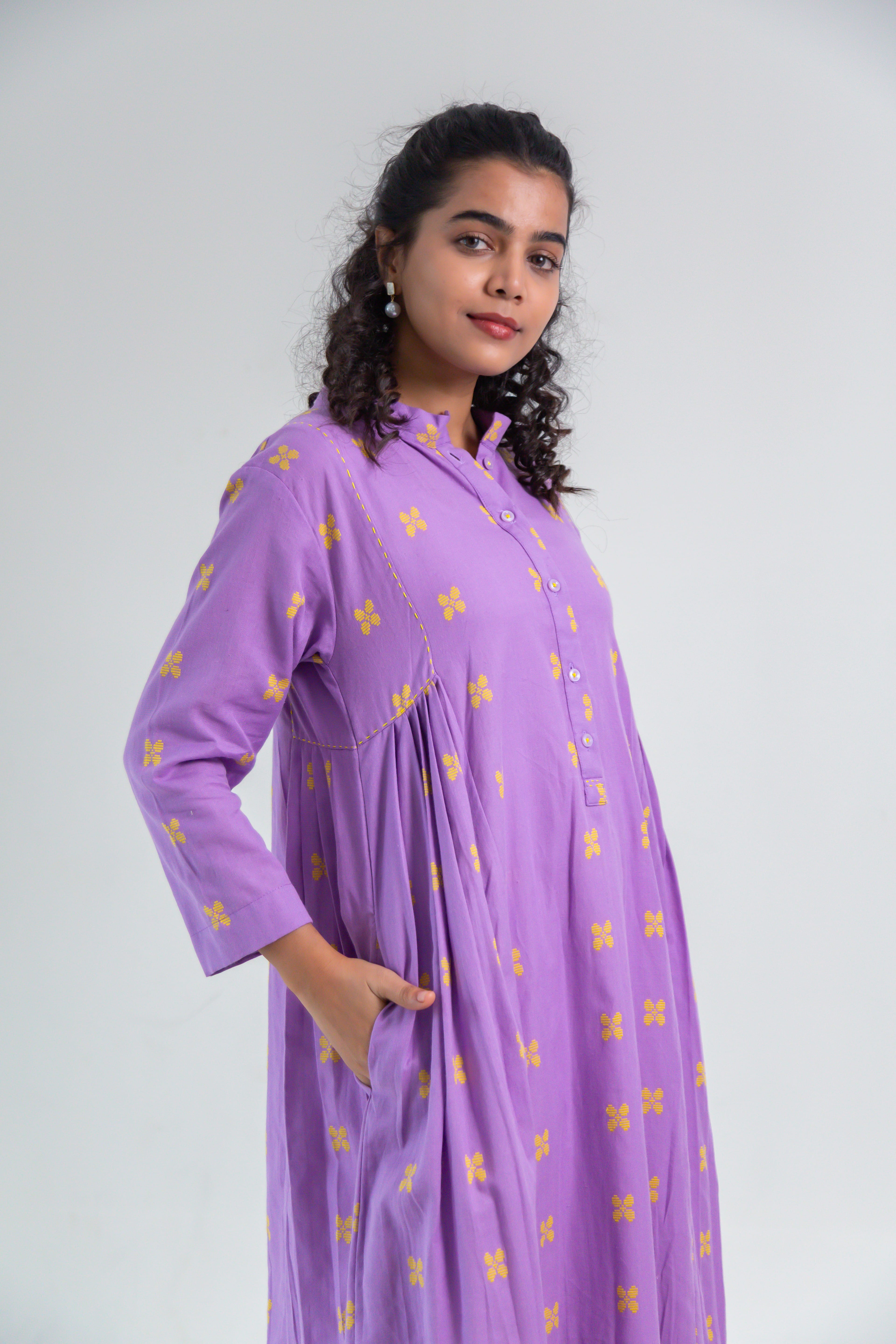 Lavender Handloom Cotton Dress with Butterfly Butta