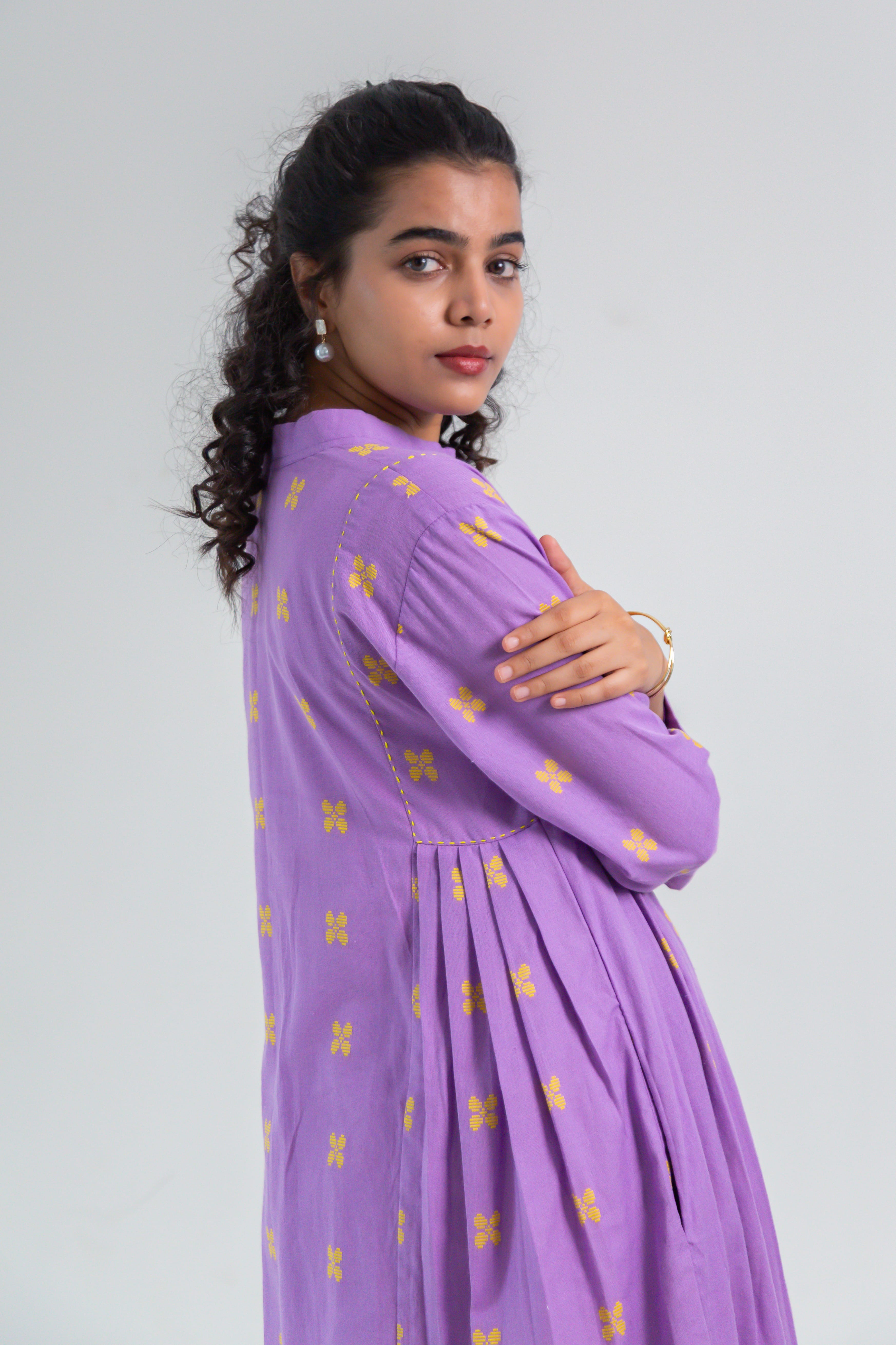 Lavender Handloom Cotton Dress with Butterfly Butta
