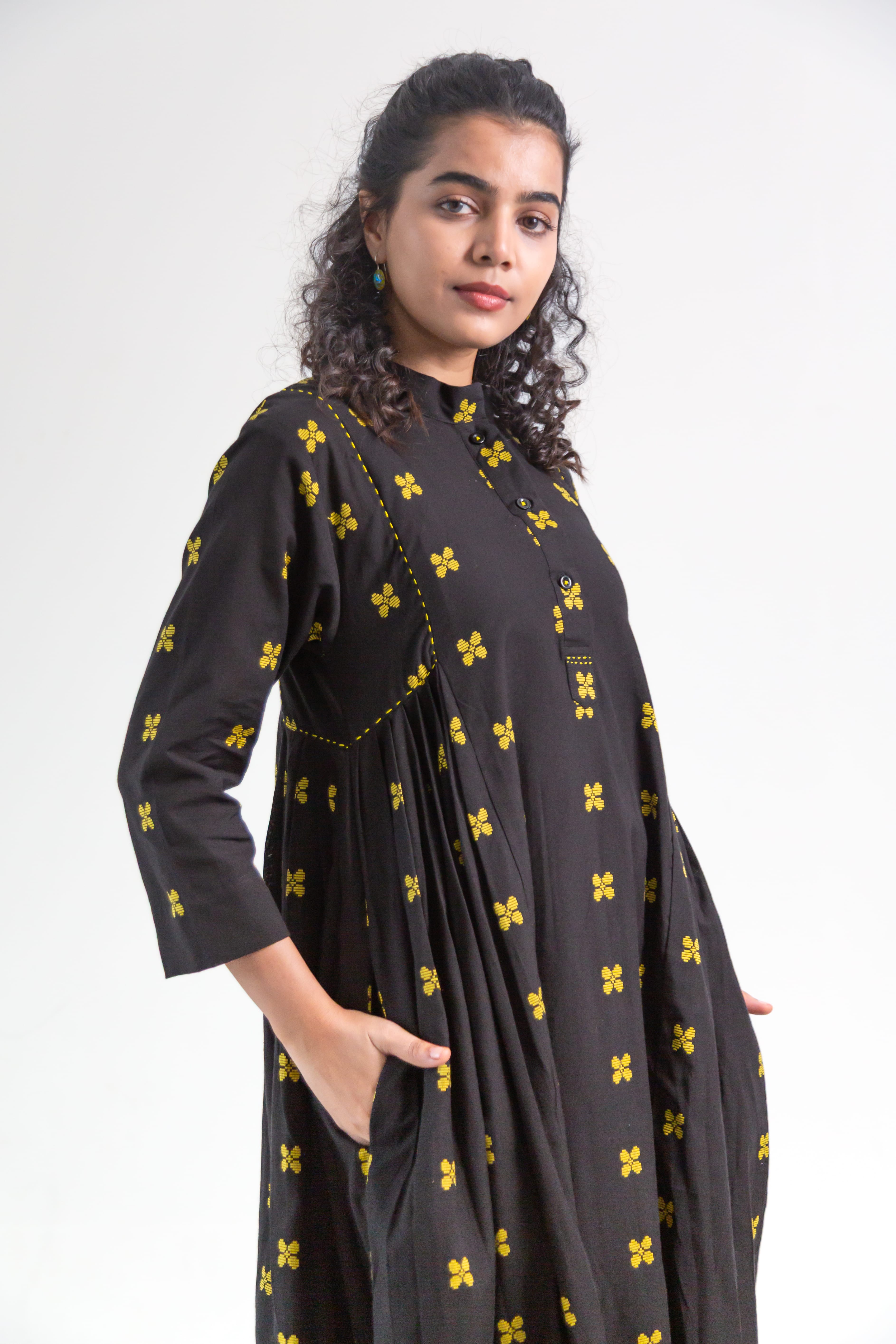 Black Handloom Cotton Dress with Butterfly Butta