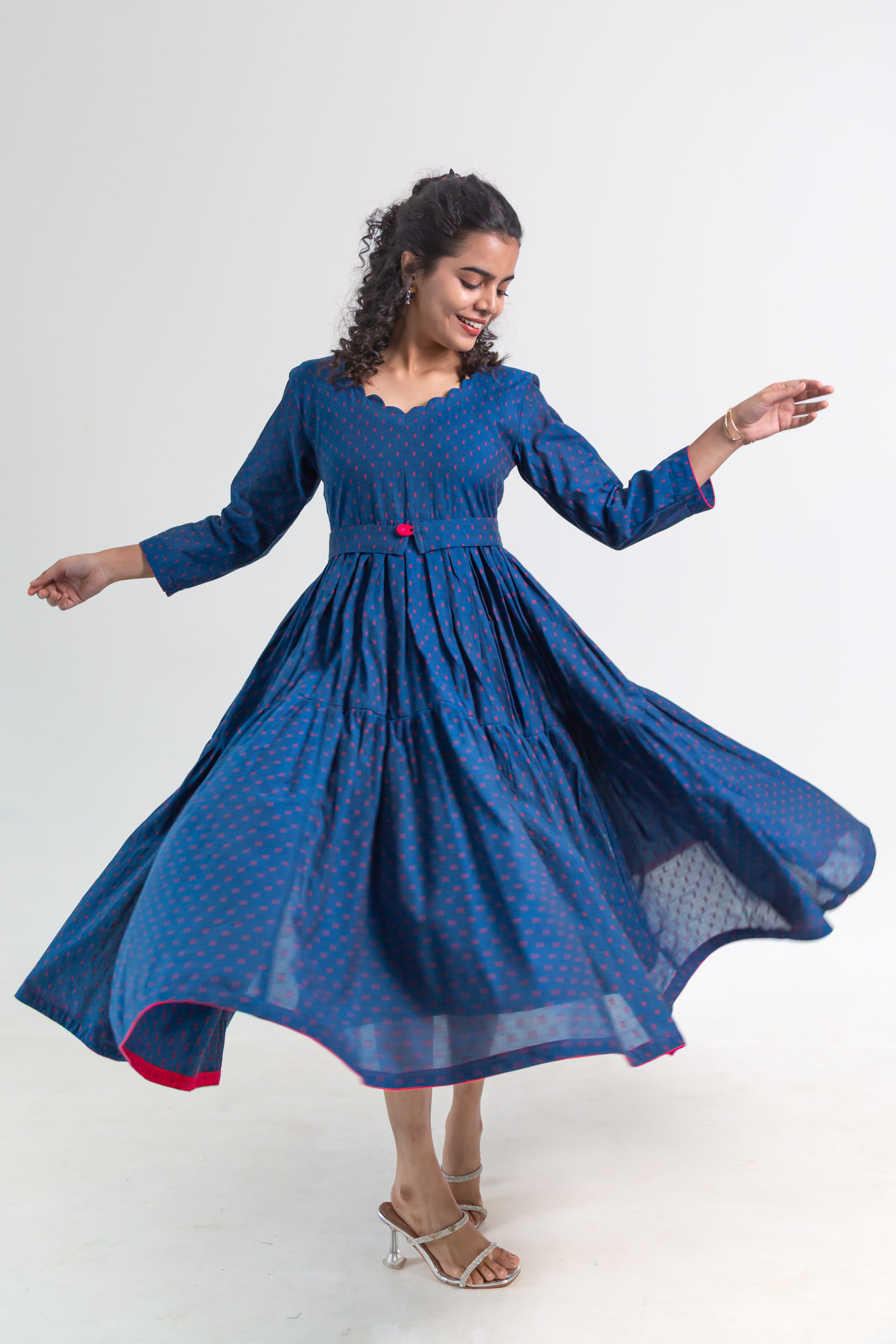 Royal Blue Handloom Cotton Dress (Red Dot Butta)
