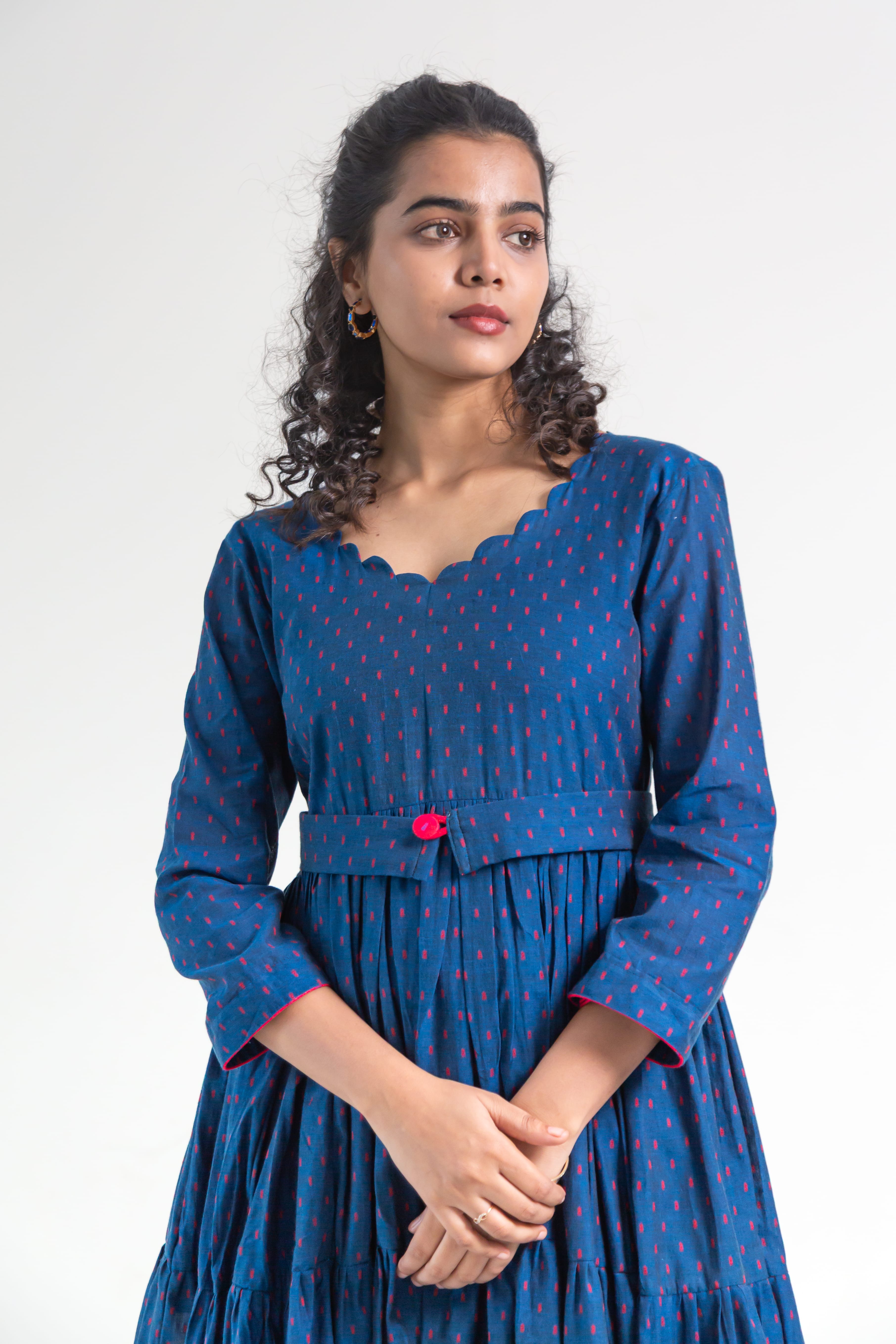 Royal Blue Handloom Cotton Dress (Red Dot Butta)