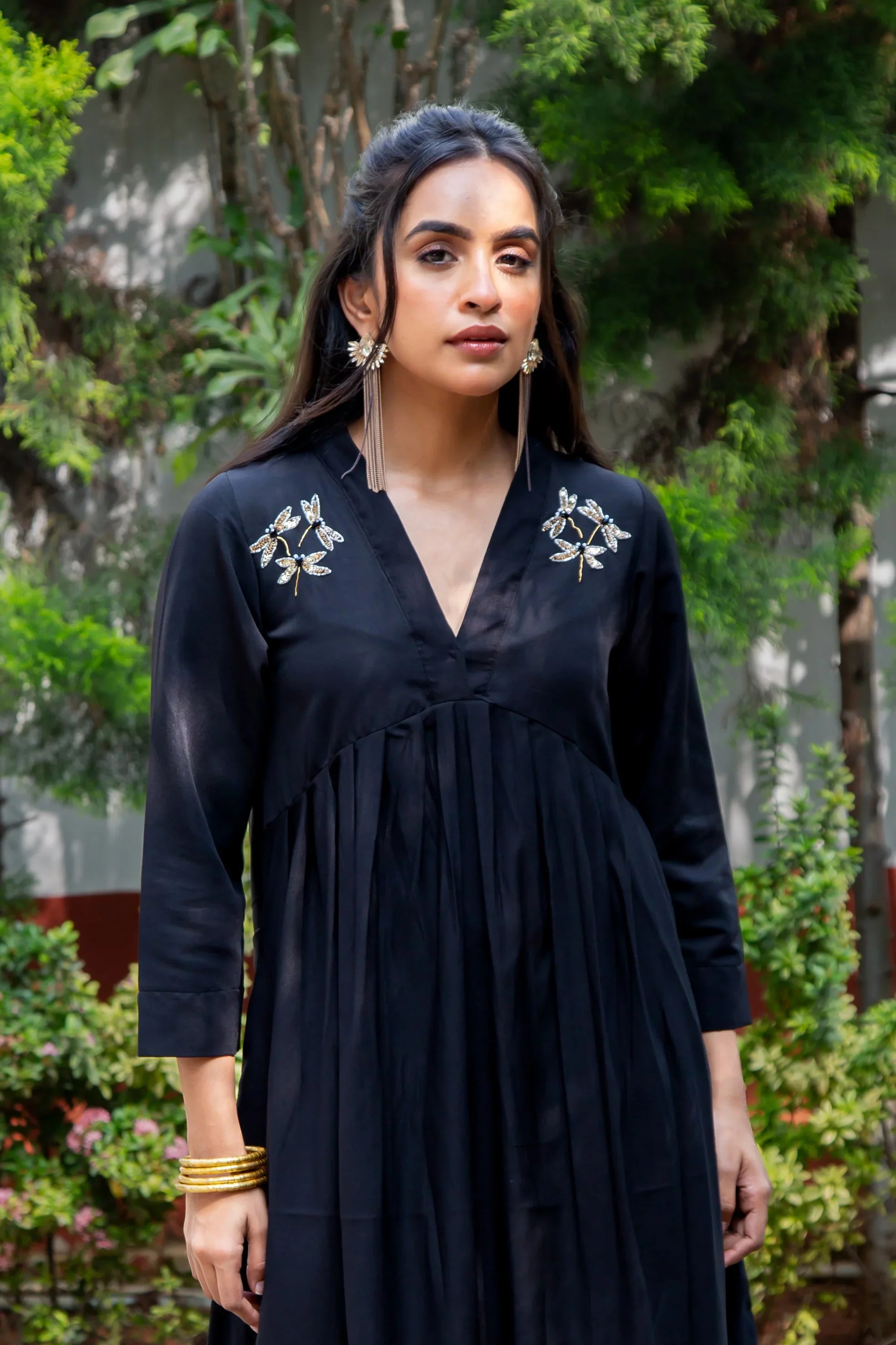 Black Cotton Dress - Dragon Fly Embroidery