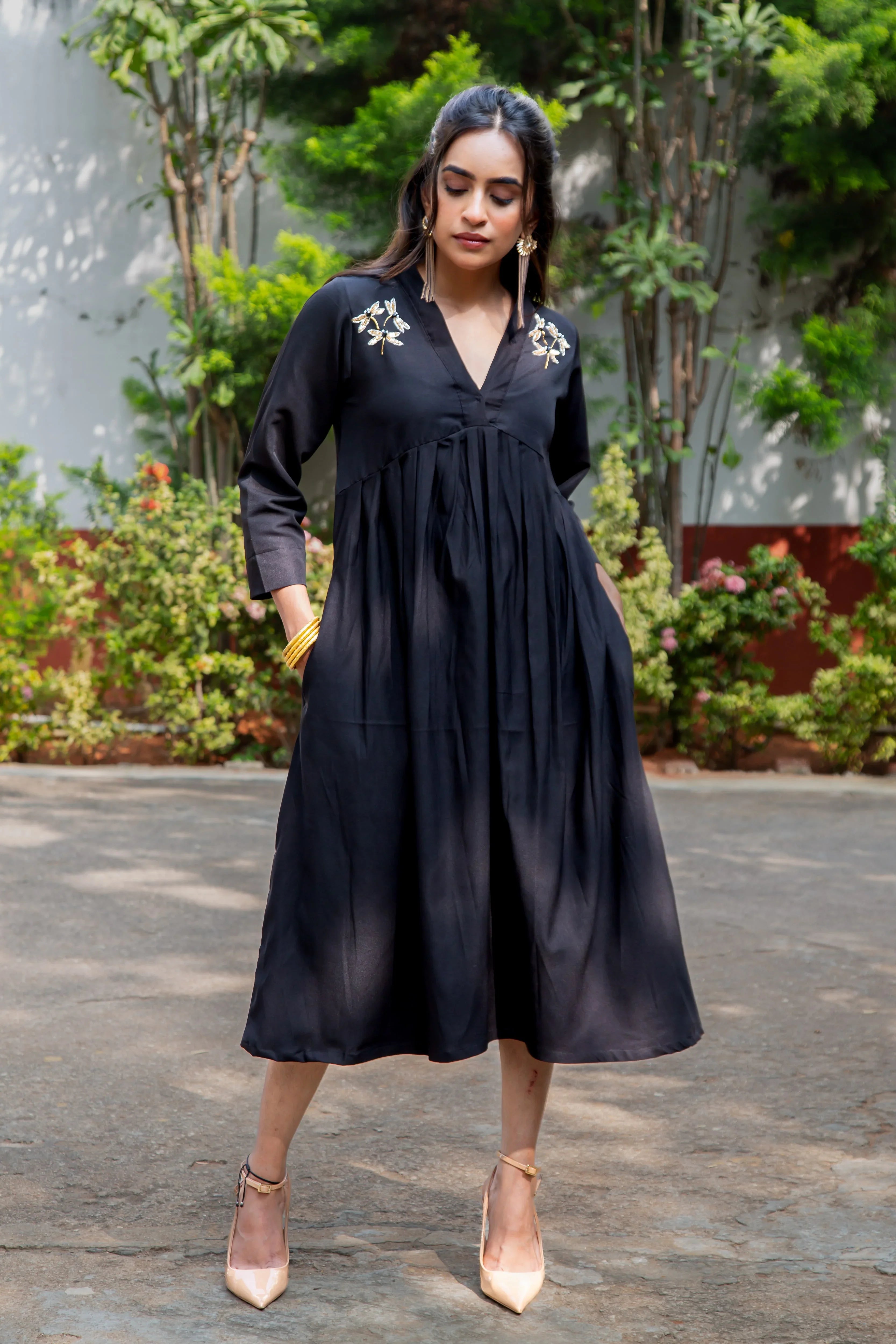 Black Cotton Dress - Dragon Fly Embroidery