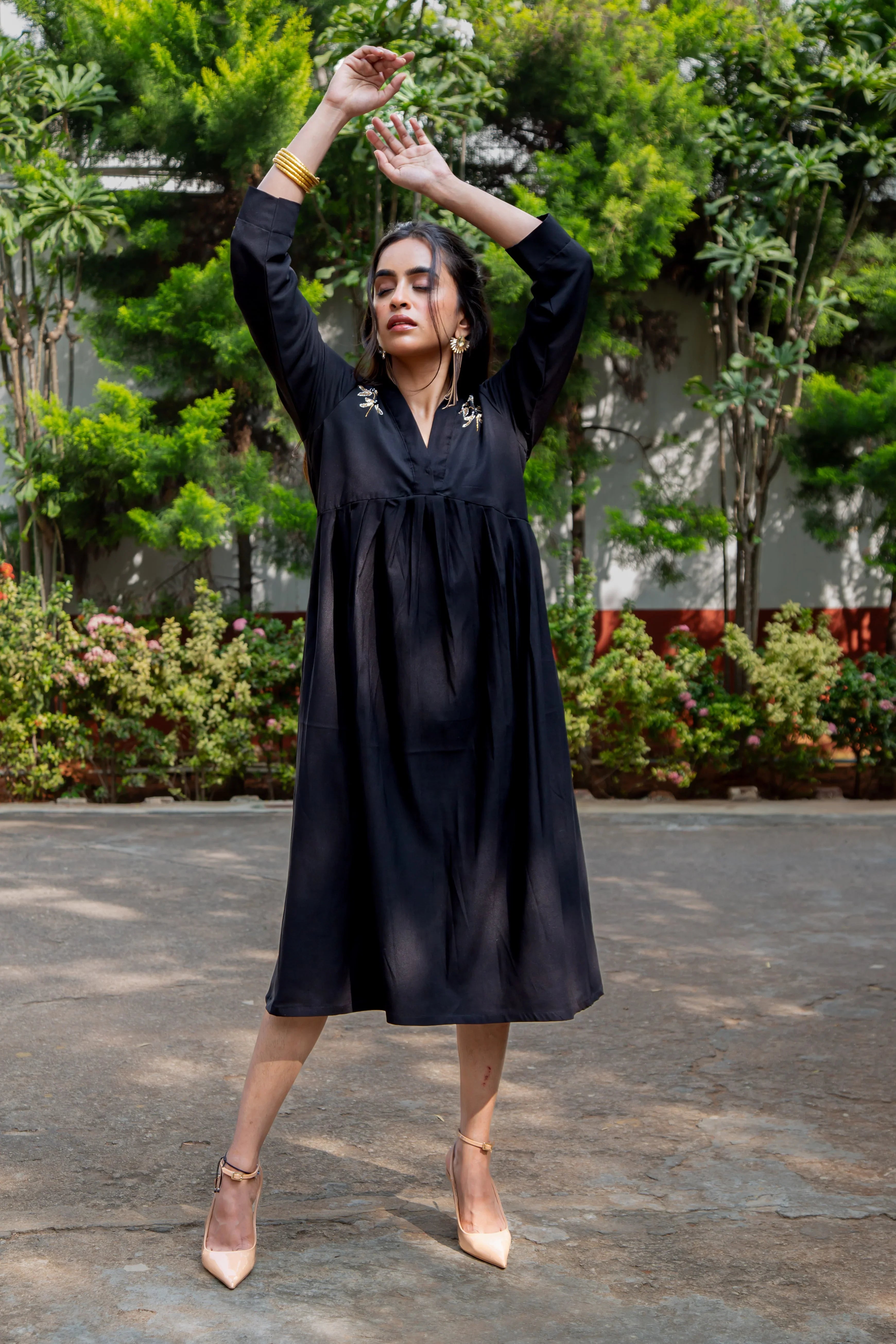 Black Cotton Dress - Dragon Fly Embroidery