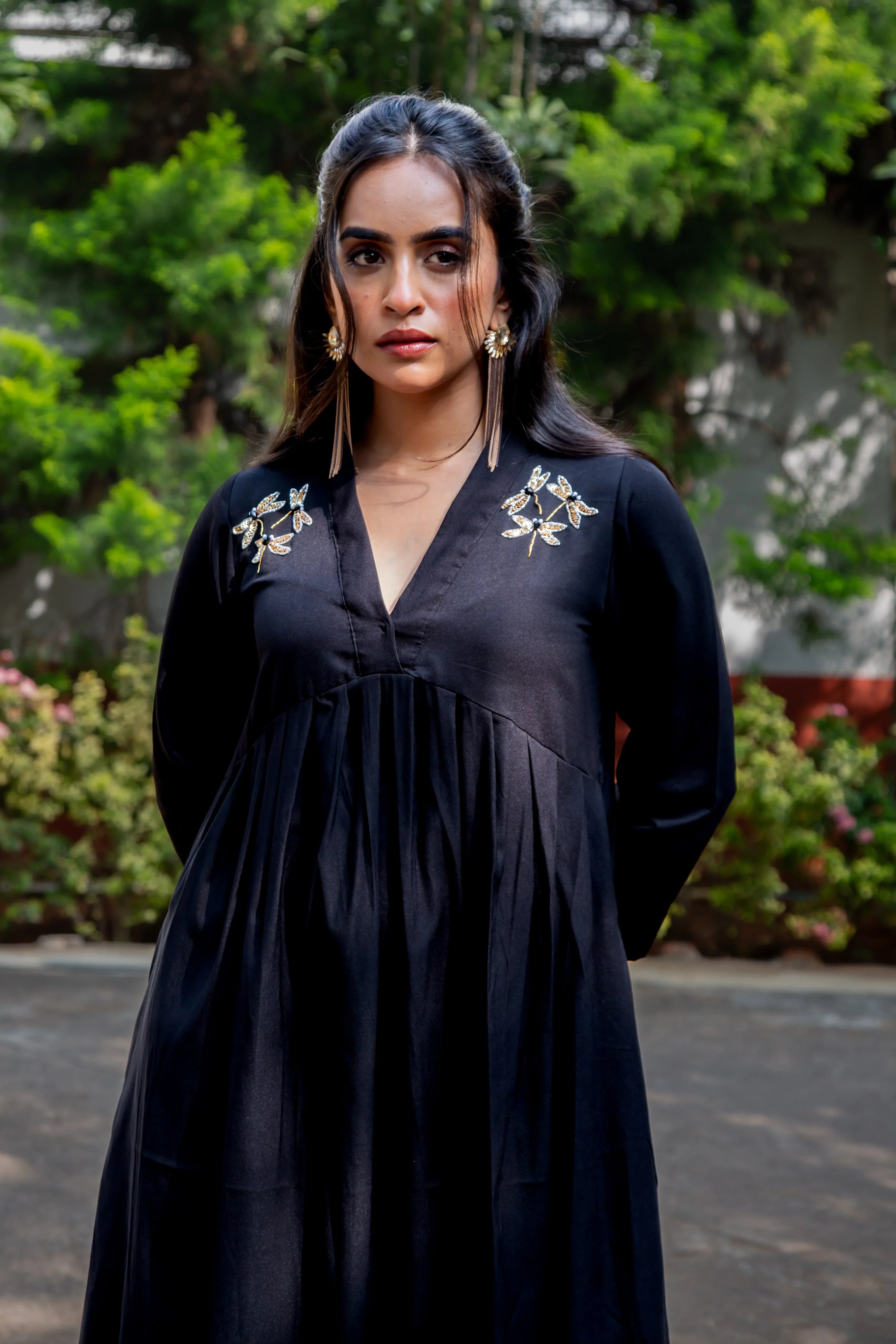 Black Cotton Dress - Dragon Fly Embroidery