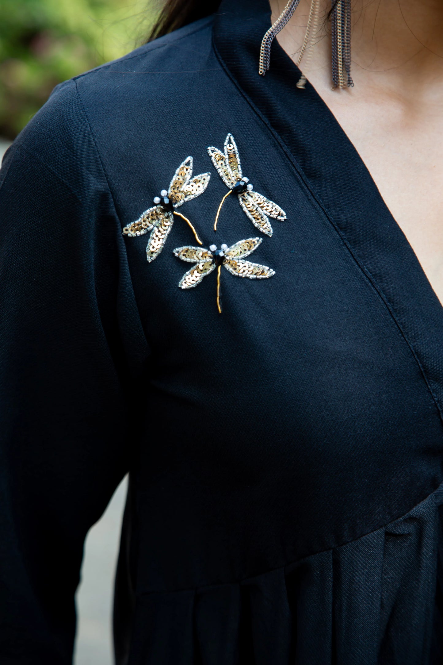 Black dress with sequin dragonfly embroidery, stylish women's fashion