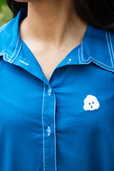 Blue shirt with white dog embroidery and contrast stitching for women's casual wear