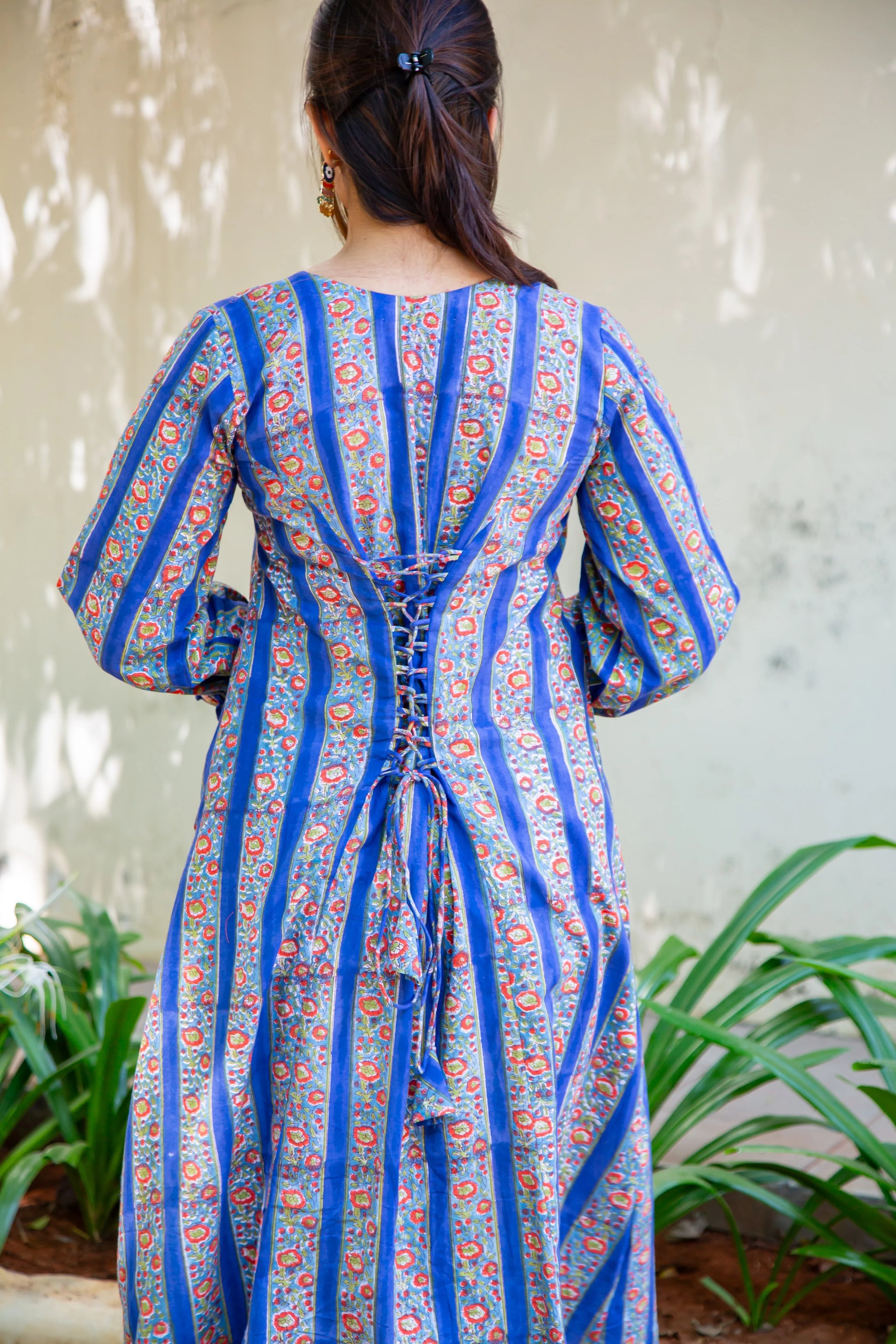 Blue floral striped dress with lace-up back, perfect for everyday wear