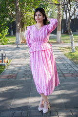 Pink striped floral dress with peplum waist, perfect for everyday wear and comfort