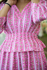Pink floral striped dress with V-neck and peplum waist, perfect for trendy women's styles