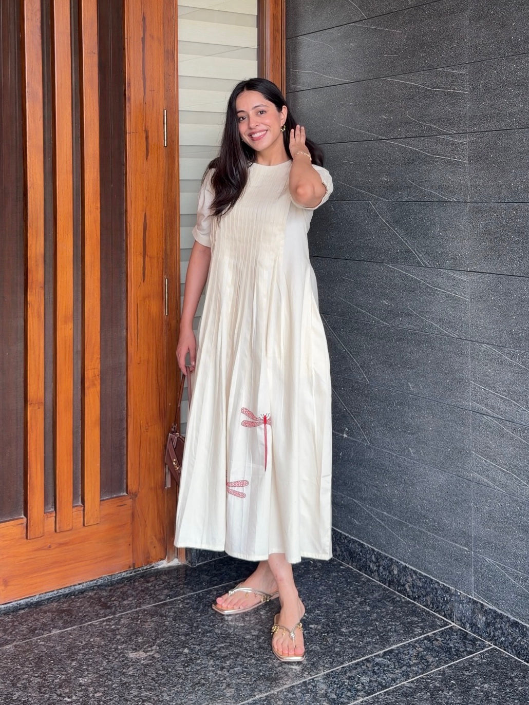 Ivory Cotton Dress - Dragon Fly Embroidery