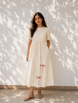 Off White Cotton Dress - Dragon Fly Embroidery