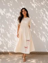 Off White Cotton Dress - Dragon Fly Embroidery