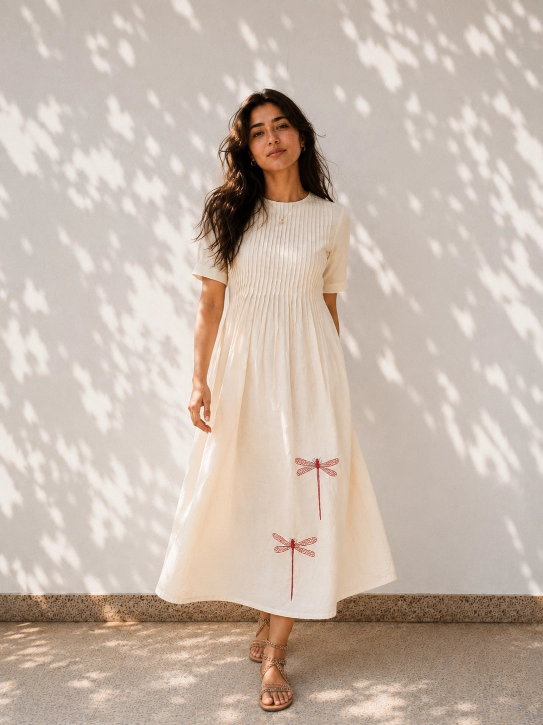 Off White Cotton Dress - Dragon Fly Embroidery