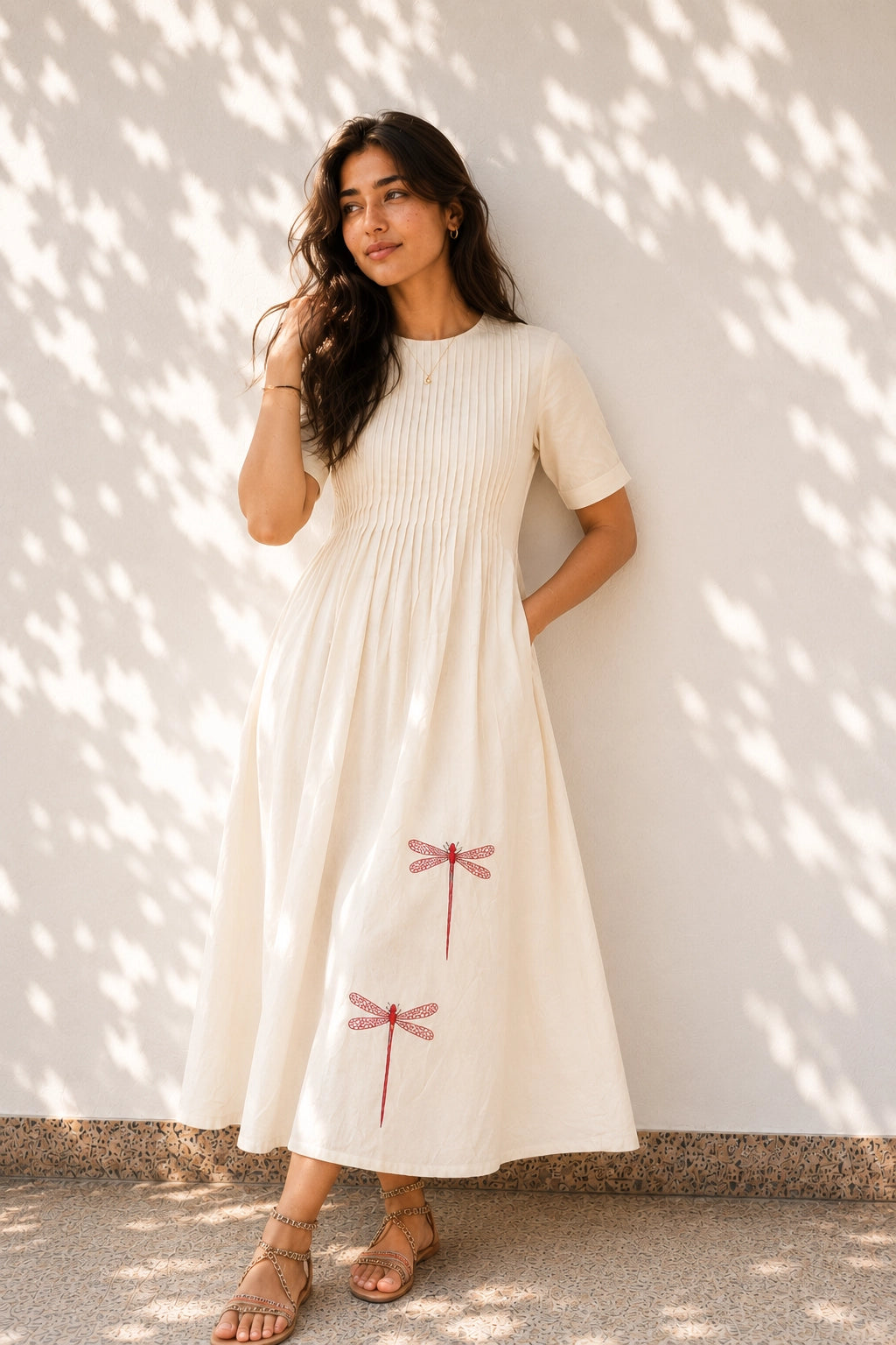 Off White Cotton Dress - Dragon Fly Embroidery