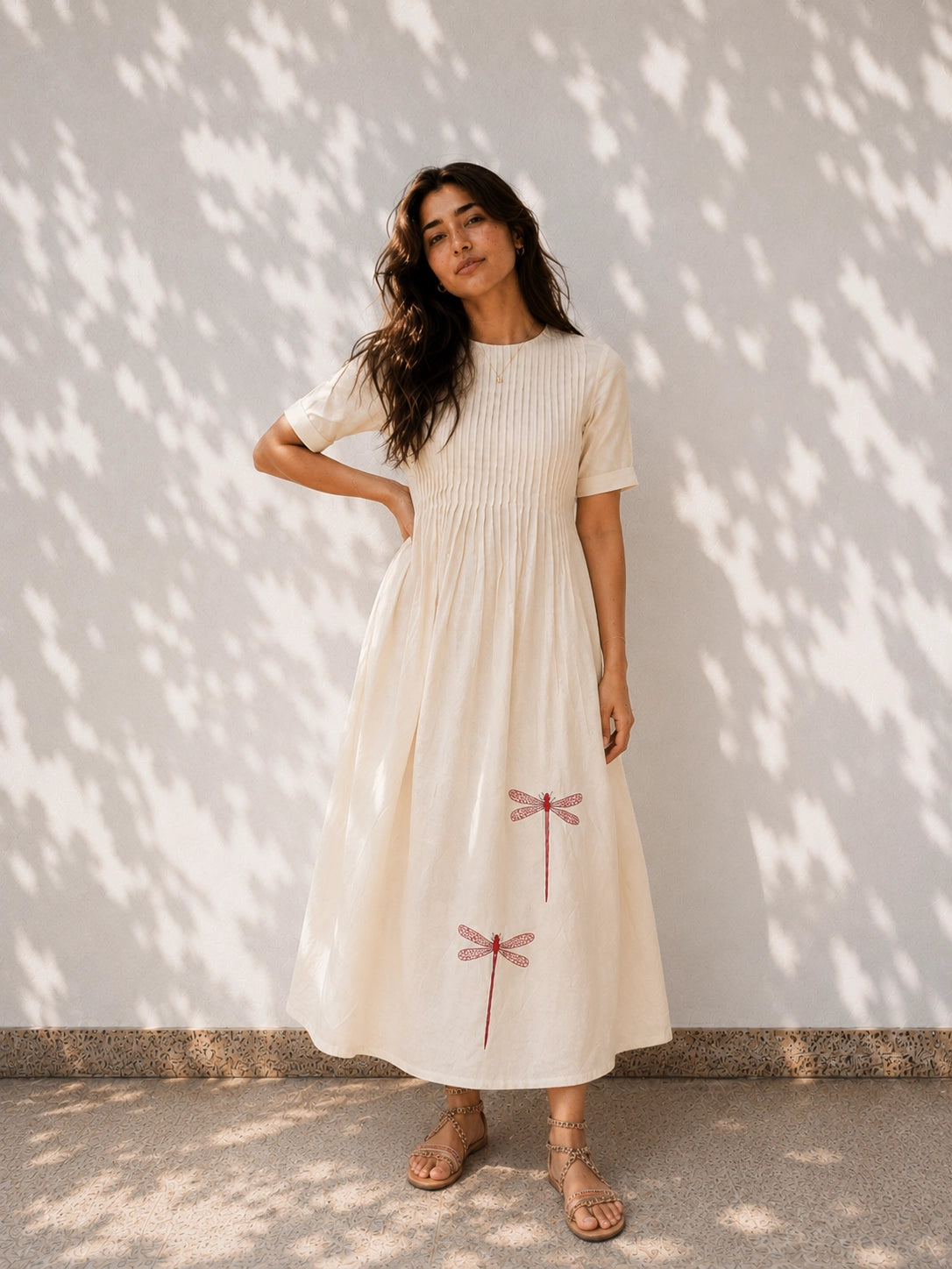 Off White Cotton Dress - Dragon Fly Embroidery