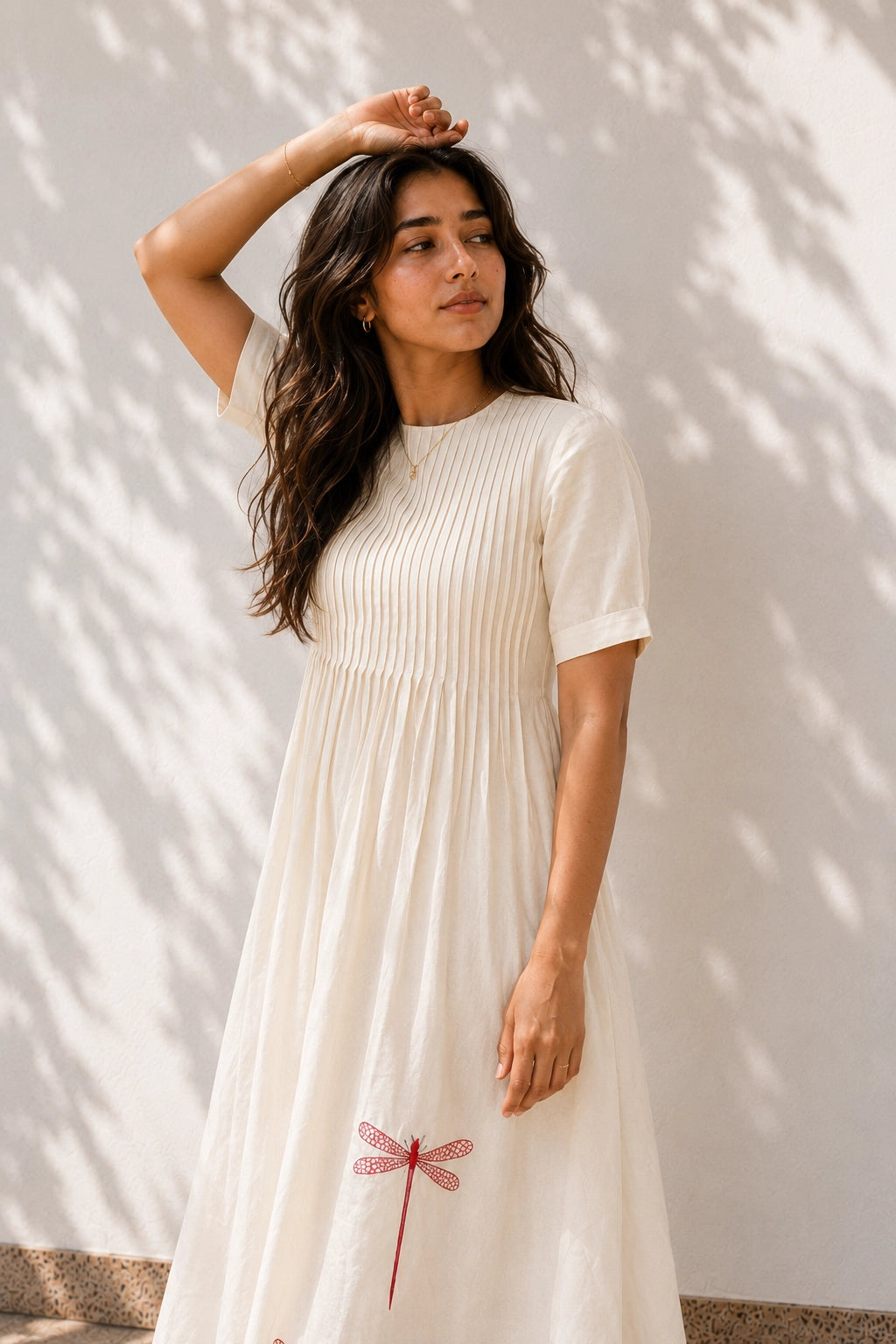 Off White Cotton Dress - Dragon Fly Embroidery