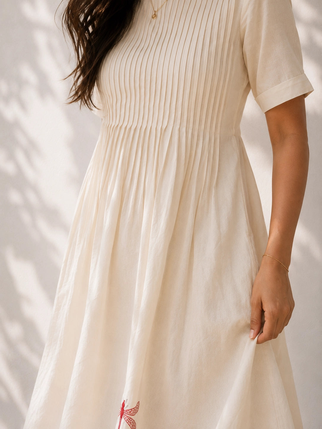 Off White Cotton Dress - Dragon Fly Embroidery