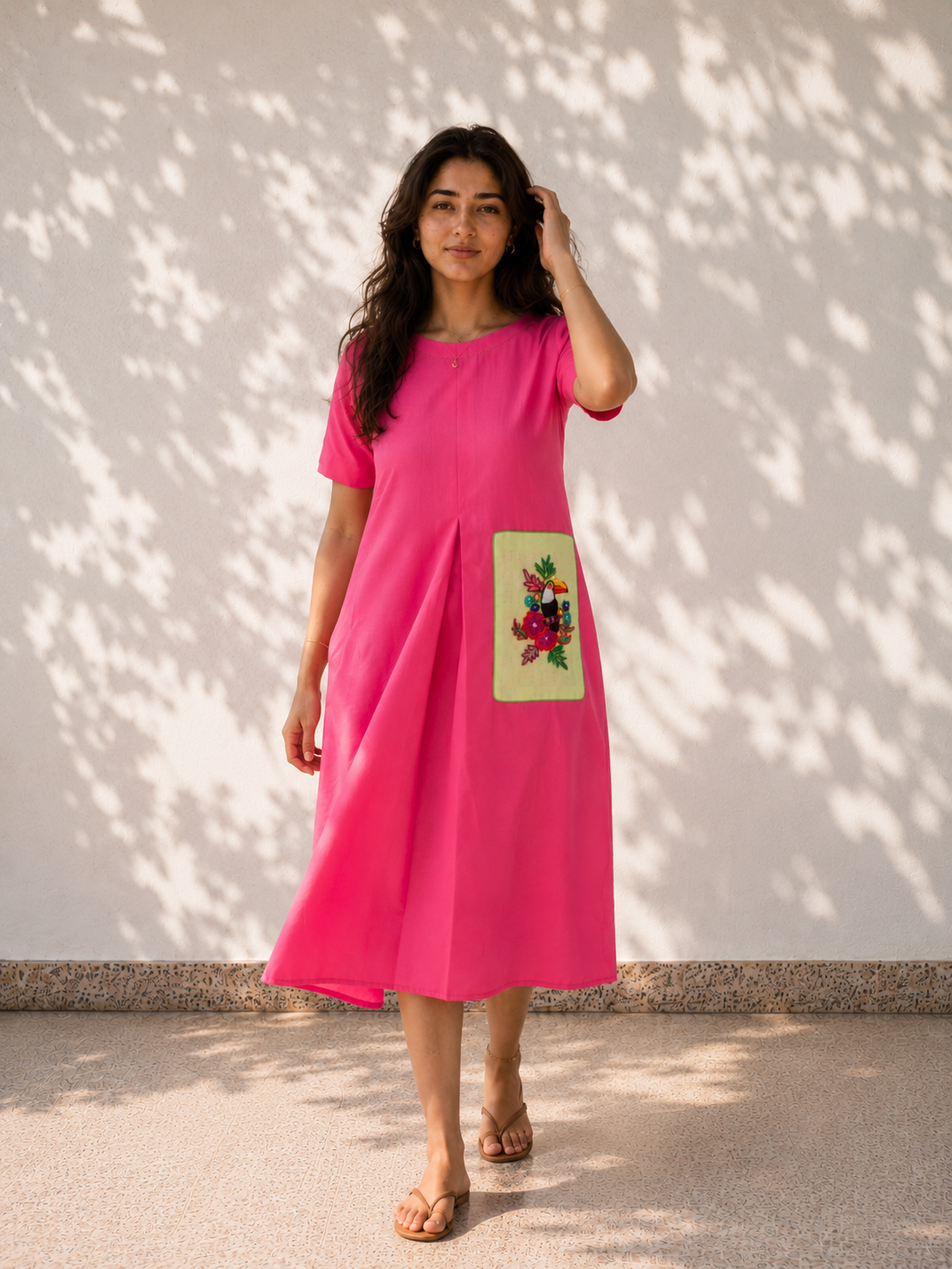 Pink Cotton Dress - Toucan Embroidery