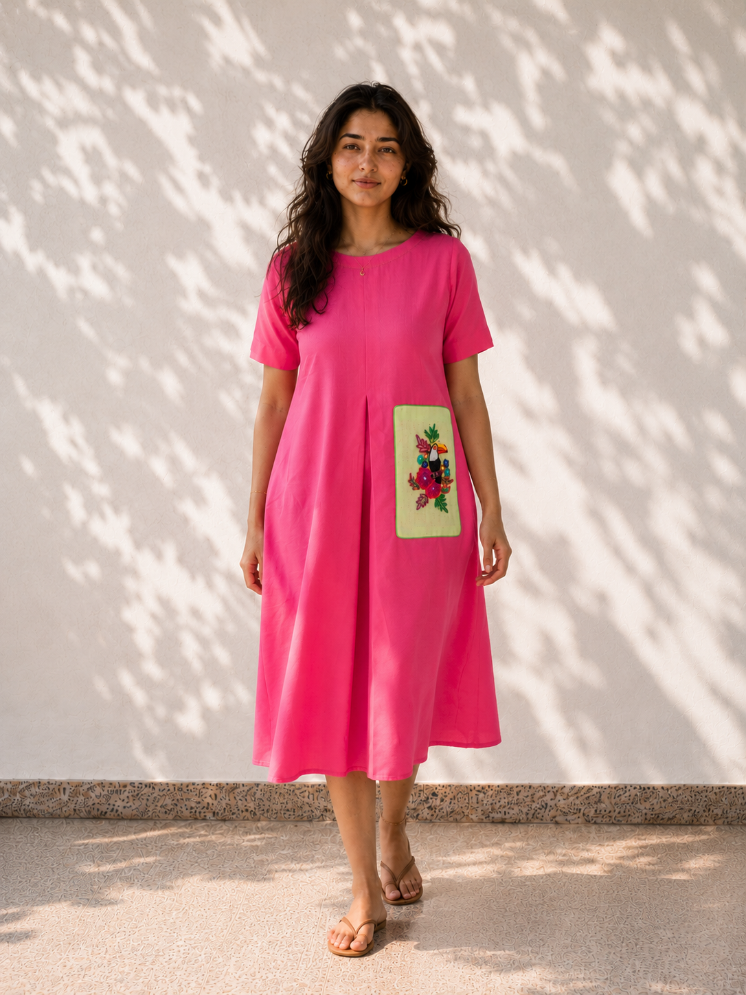 Pink Cotton Dress - Toucan Embroidery