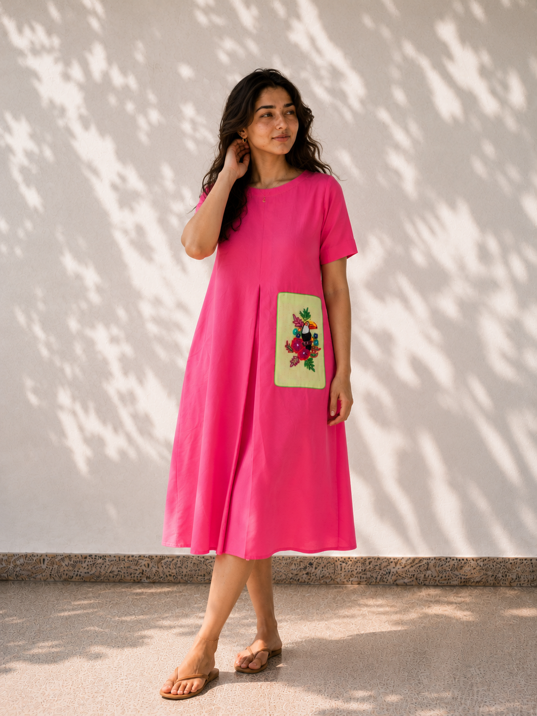 Pink Cotton Dress - Toucan Embroidery