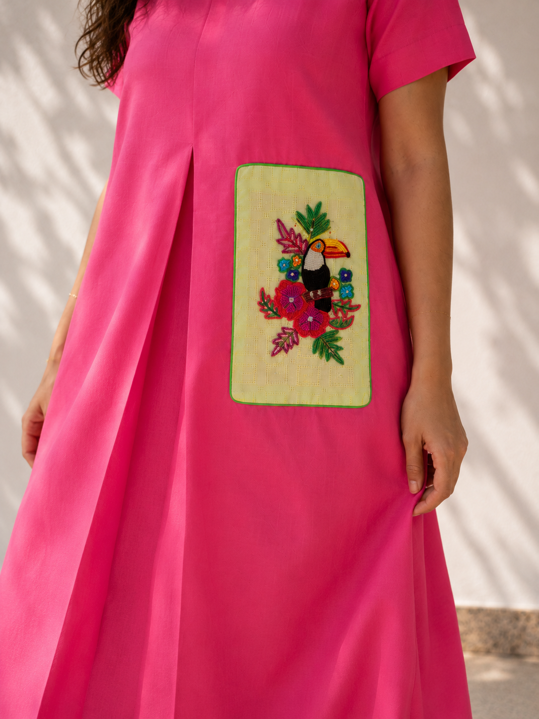Pink Cotton Dress - Toucan Embroidery
