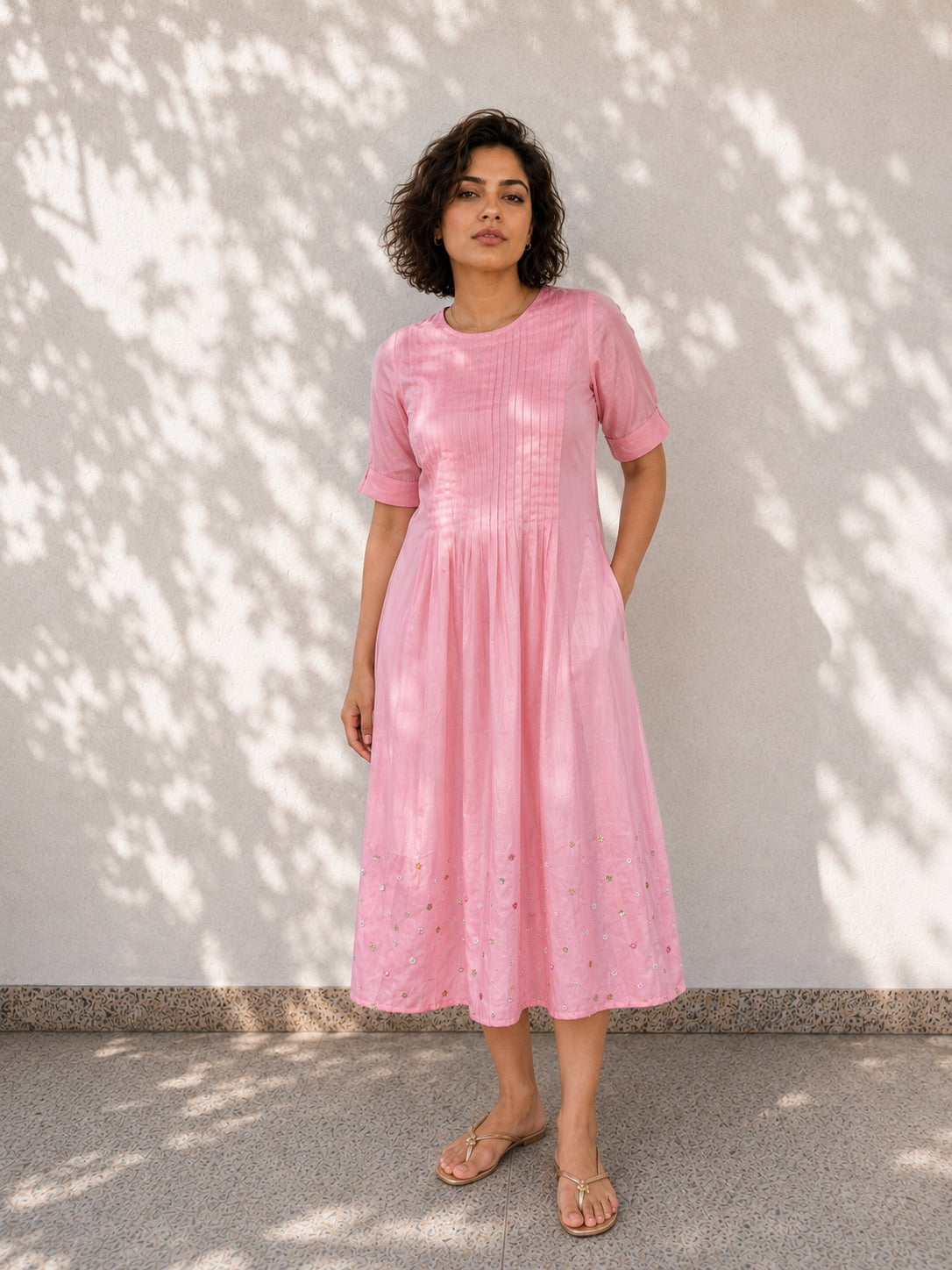 Pink Twill Cotton Midi Dress