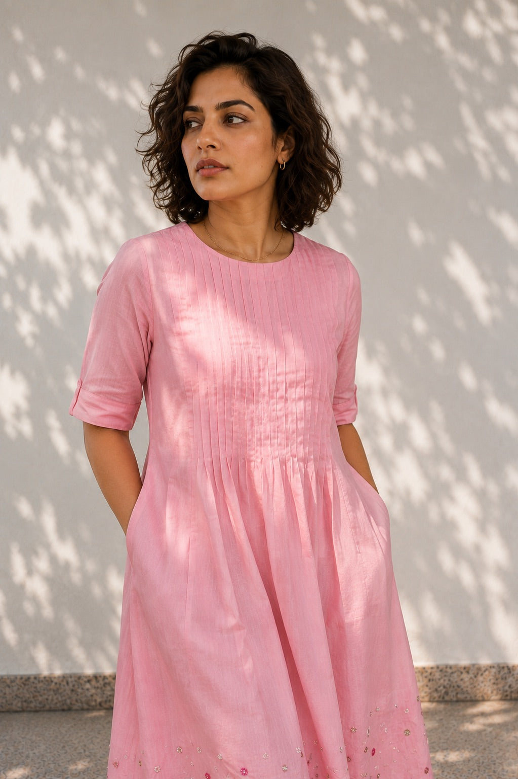 Pink Twill Cotton Midi Dress