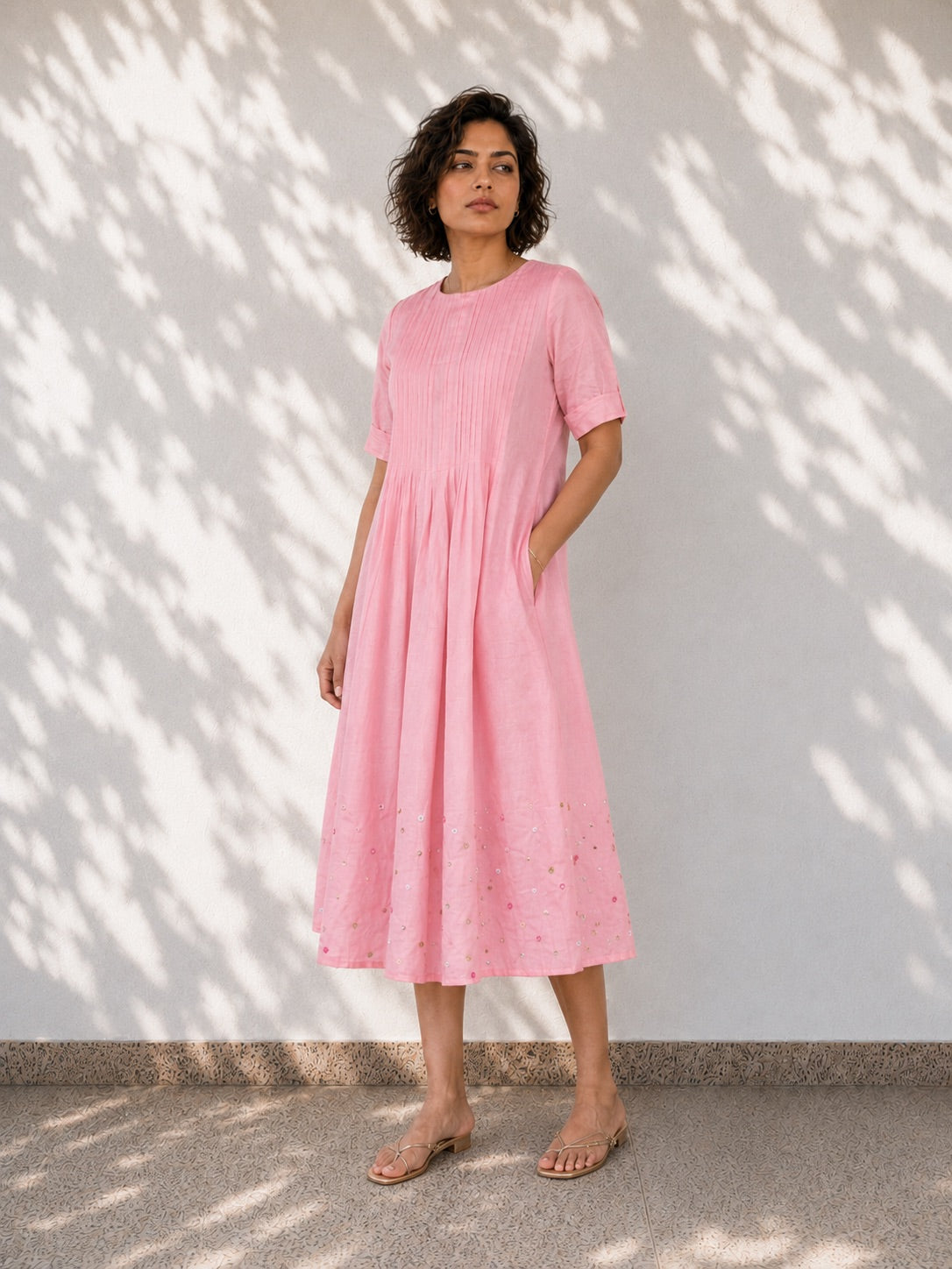 Pink Twill Cotton Midi Dress