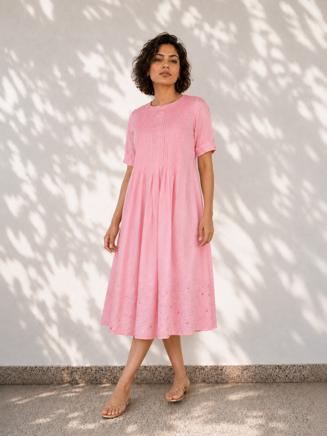 Pink Twill Cotton Midi Dress