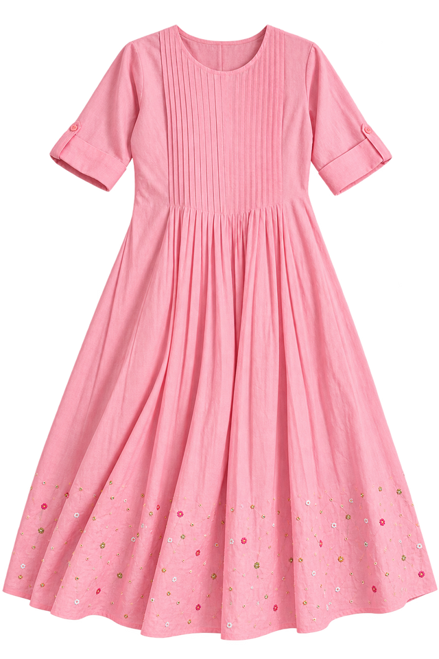 Pink Twill Cotton Midi Dress