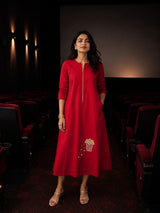 Red Twill Cotton Dress with Popcorn Pearl Embroidery