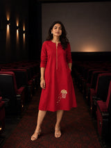 Red Twill Cotton Dress with Popcorn Pearl Embroidery Hello June