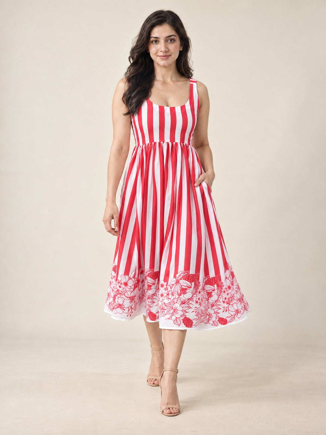 Red & White Striped Floral Print Midi Dress