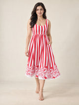 Red & White Striped Floral Print Midi Dress