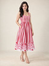 Red & White Striped Floral Print Midi Dress