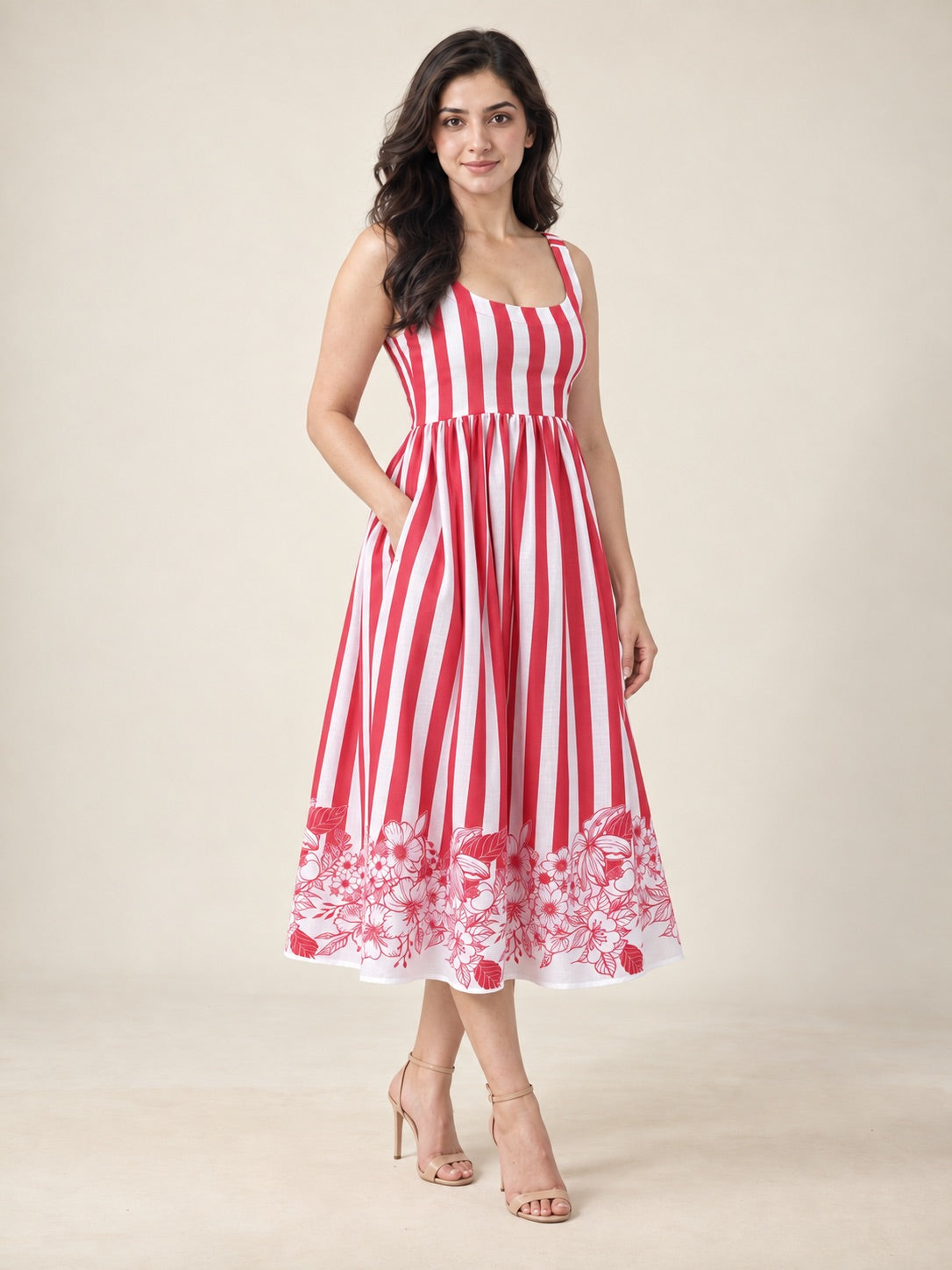 Red & White Striped Floral Print Midi Dress