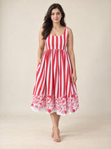 Red & White Striped Floral Print Midi Dress